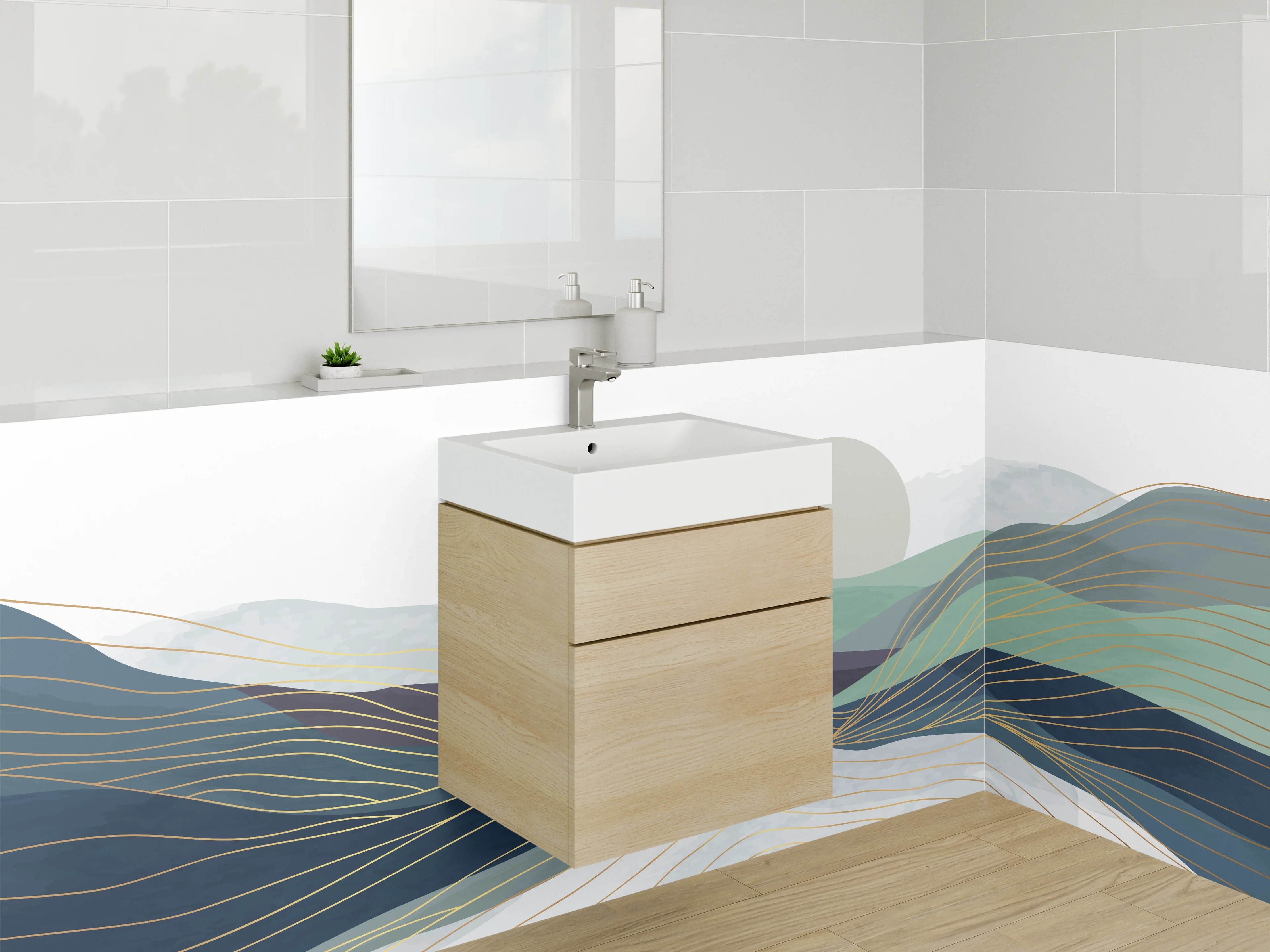 Waschbecken-Rückwand - Abstrakte Landschaft mit sanften Hügeln und Sonne