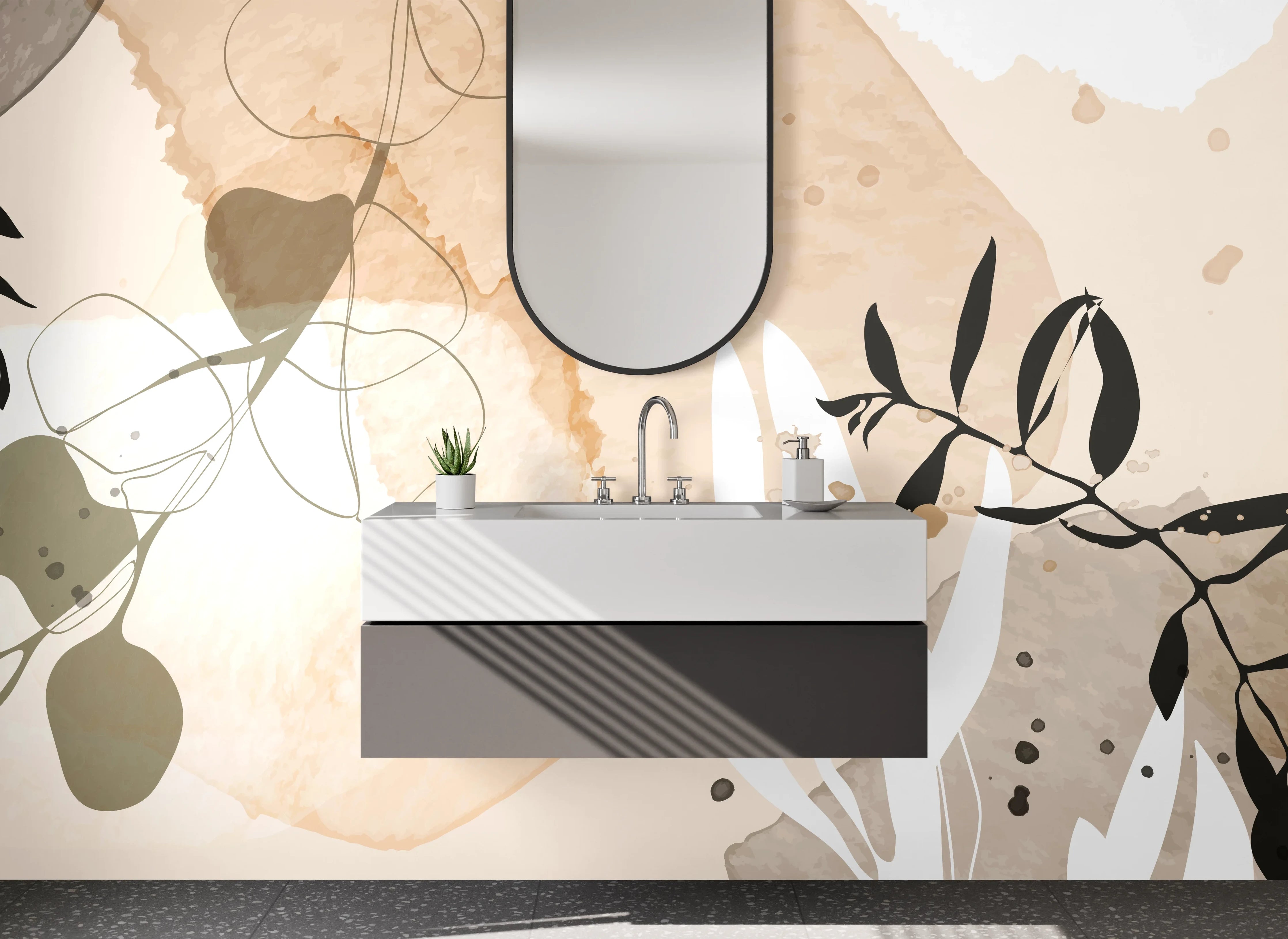 Waschbecken-Rückwand - Abstrakte Lineart Aquarell Pflanzen Beige