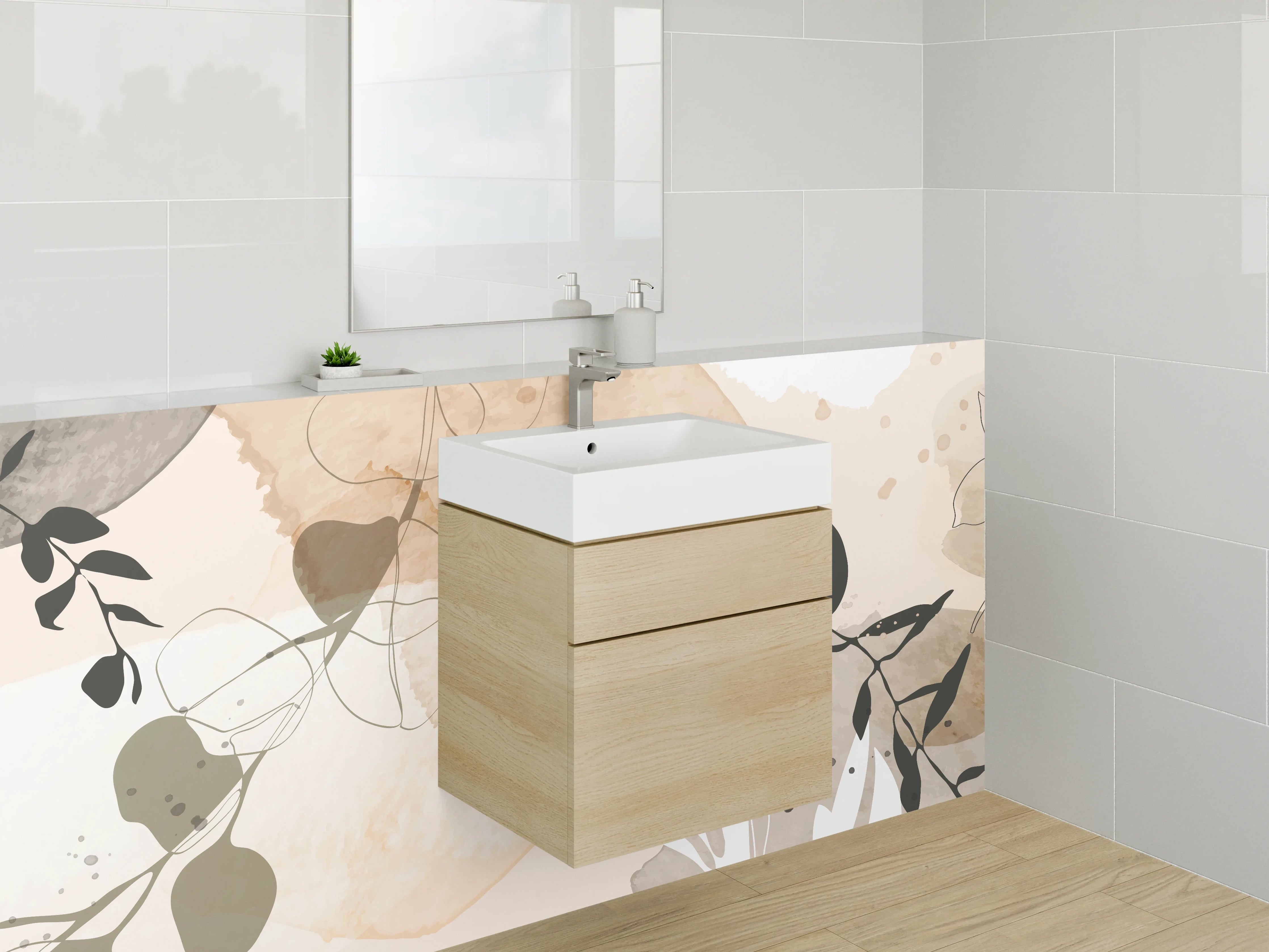 Waschbecken-Rückwand - Abstrakte Lineart Aquarell Pflanzen Beige