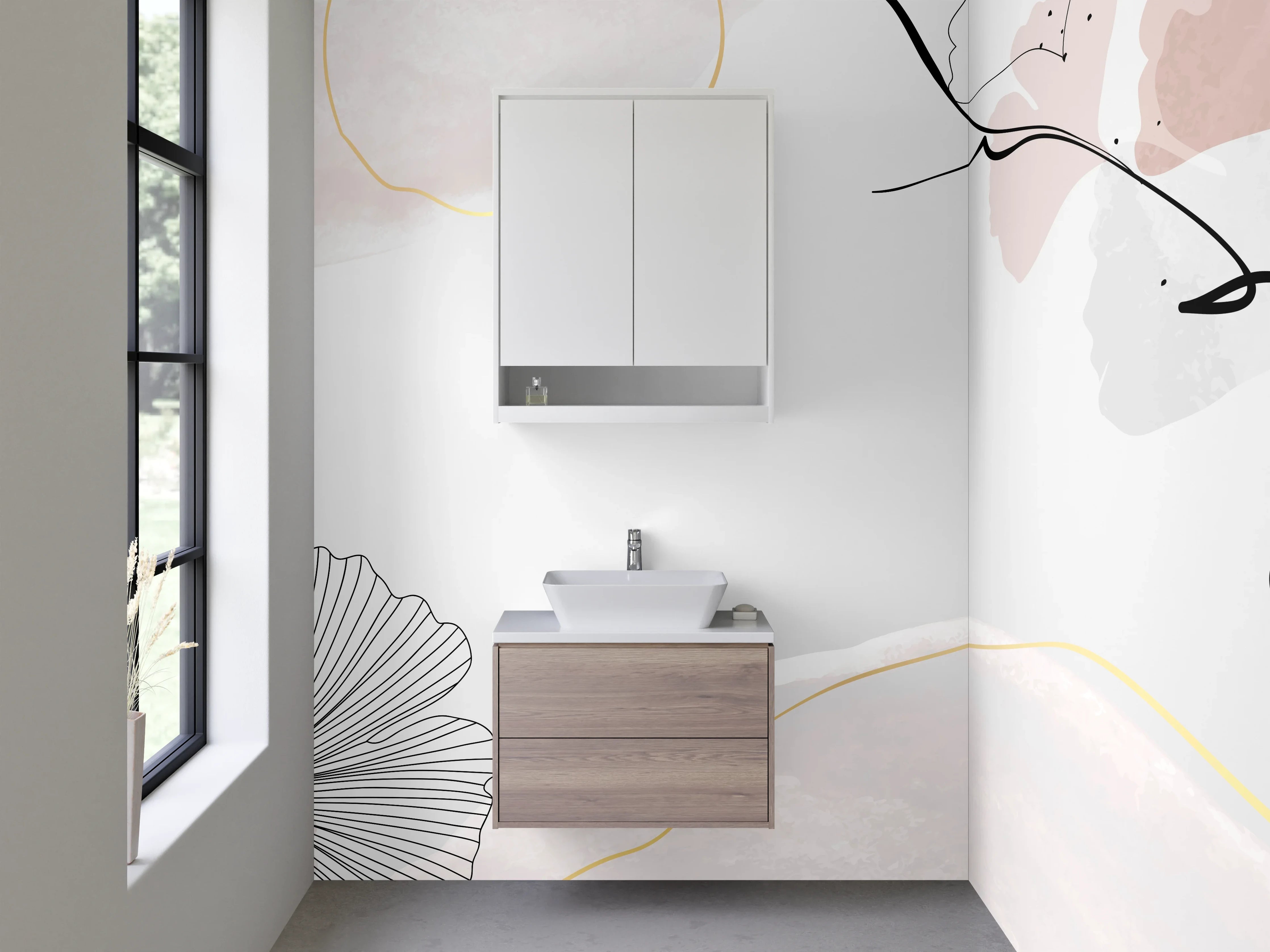 Waschbecken-Rückwand - Abstrakte Lineart-Blätter in zarten Tönen