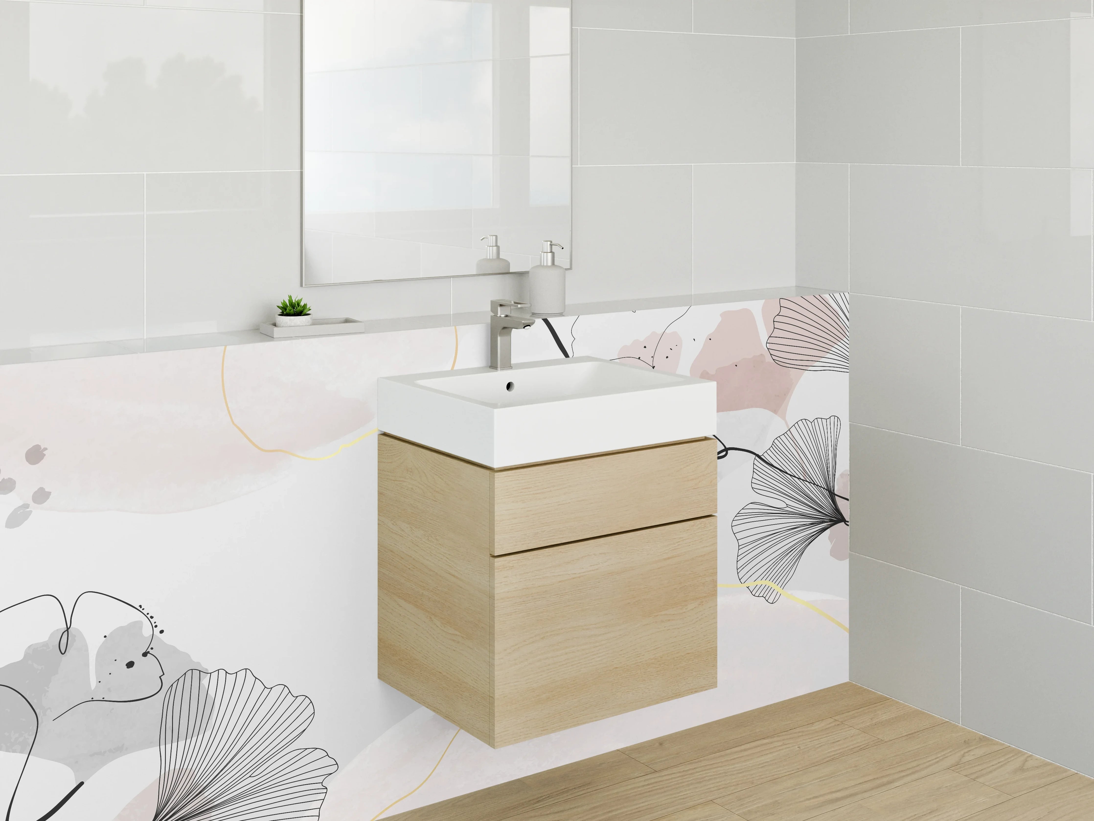 Waschbecken-Rückwand - Abstrakte Lineart-Blätter in zarten Tönen