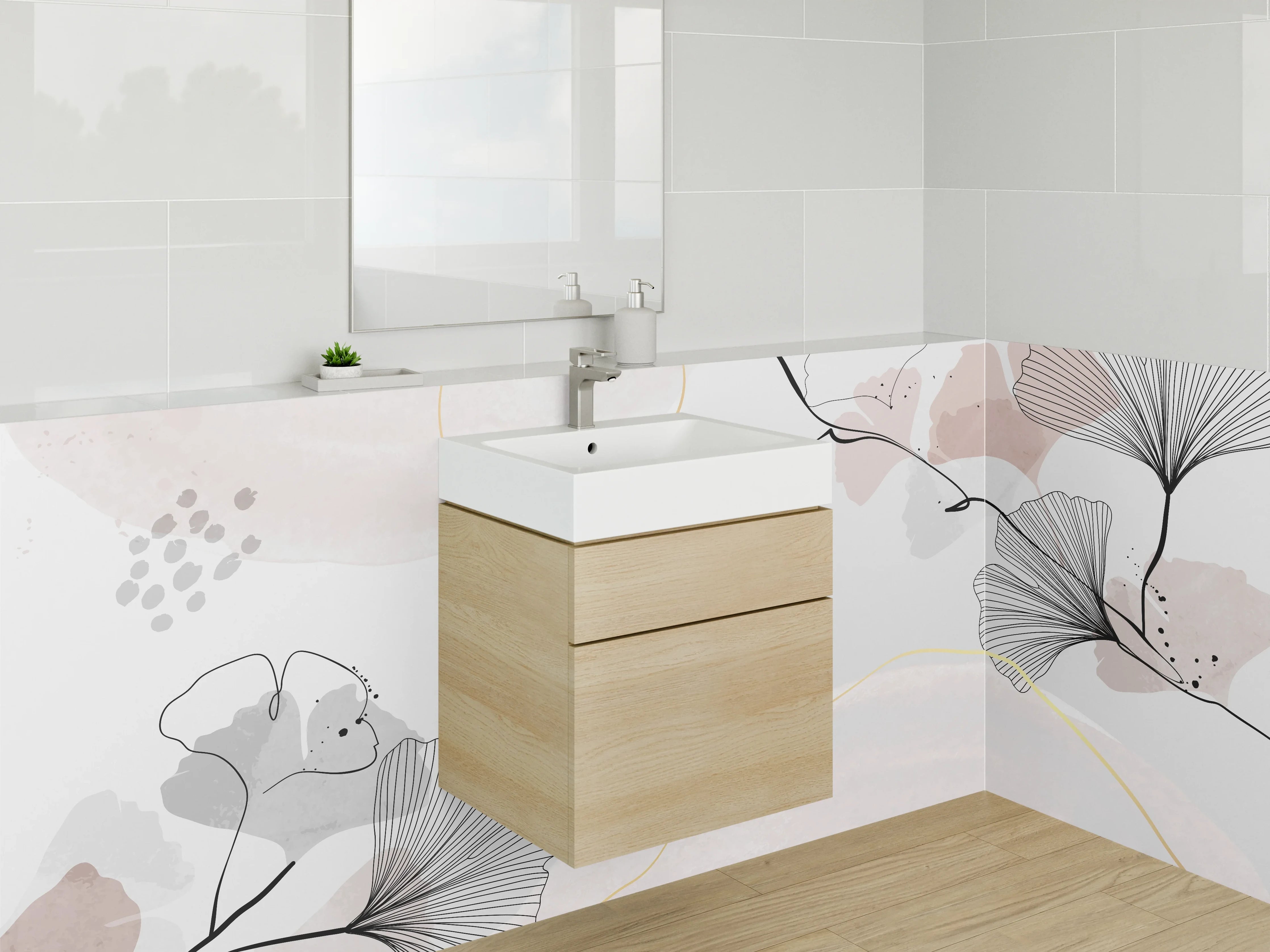 Waschbecken-Rückwand - Abstrakte Lineart-Blätter in zarten Tönen