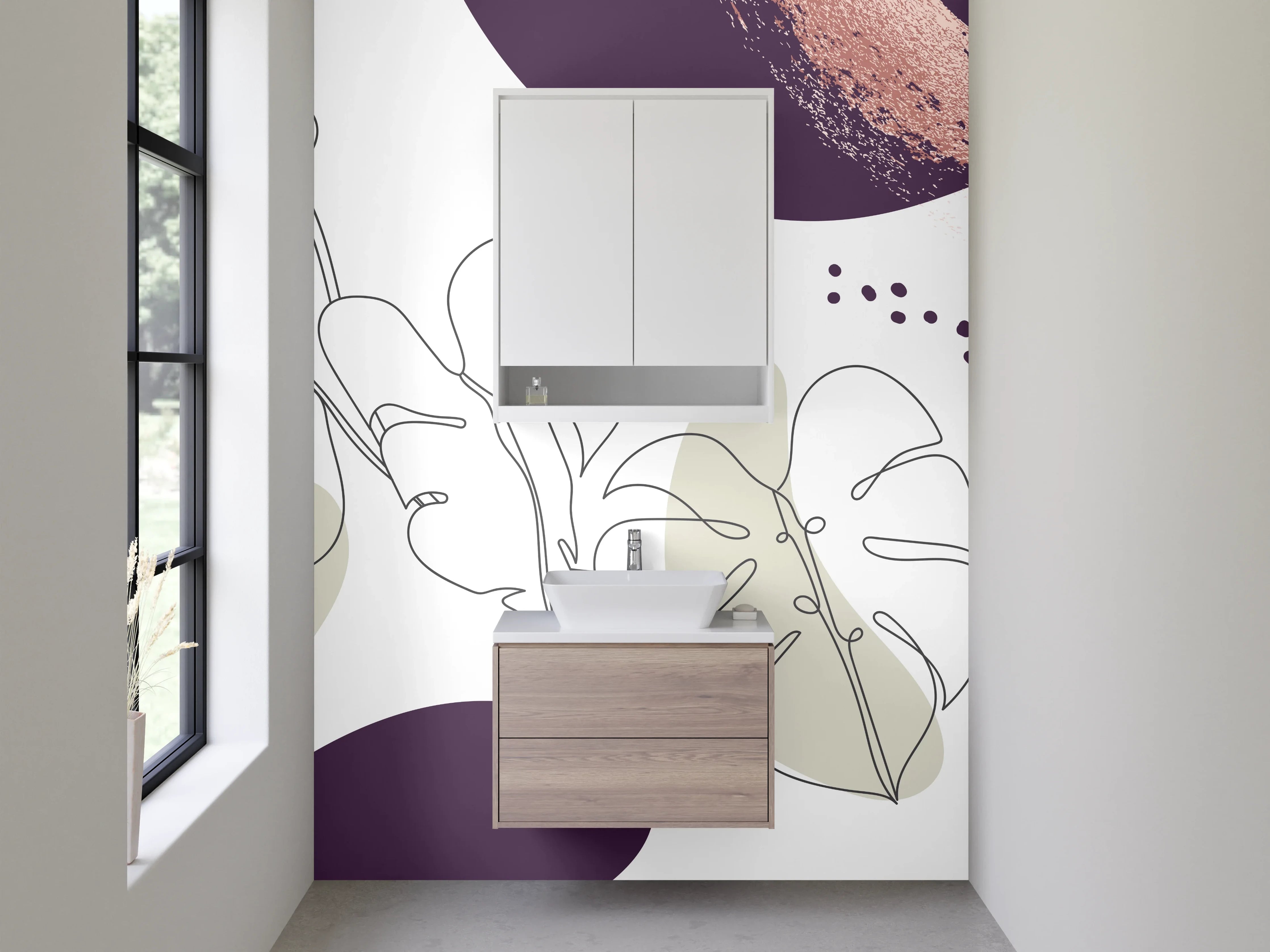Waschbecken-Rückwand - Abstrakte Lineart Pflanzen Lila Beige