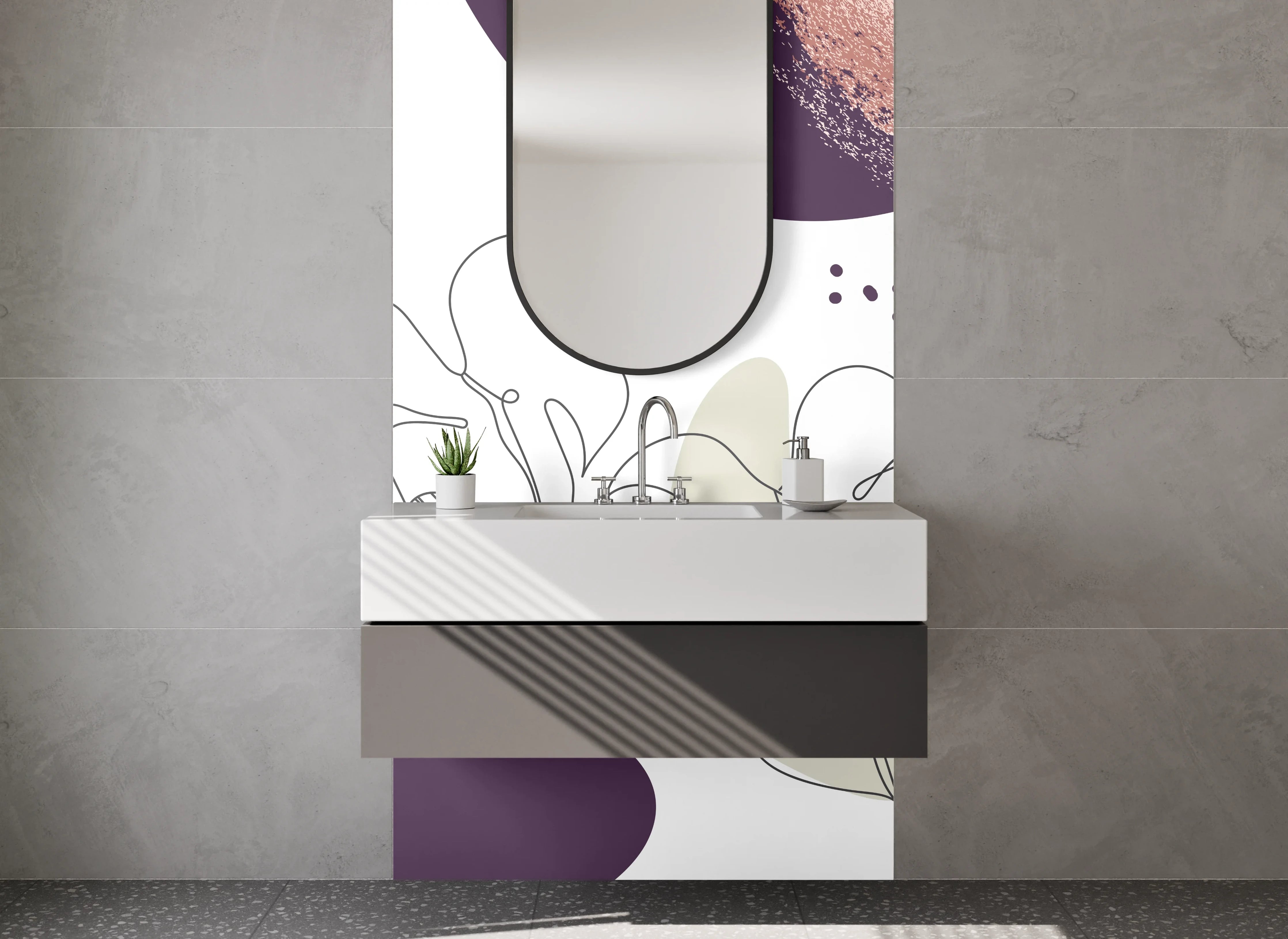 Waschbecken-Rückwand - Abstrakte Lineart Pflanzen Lila Beige