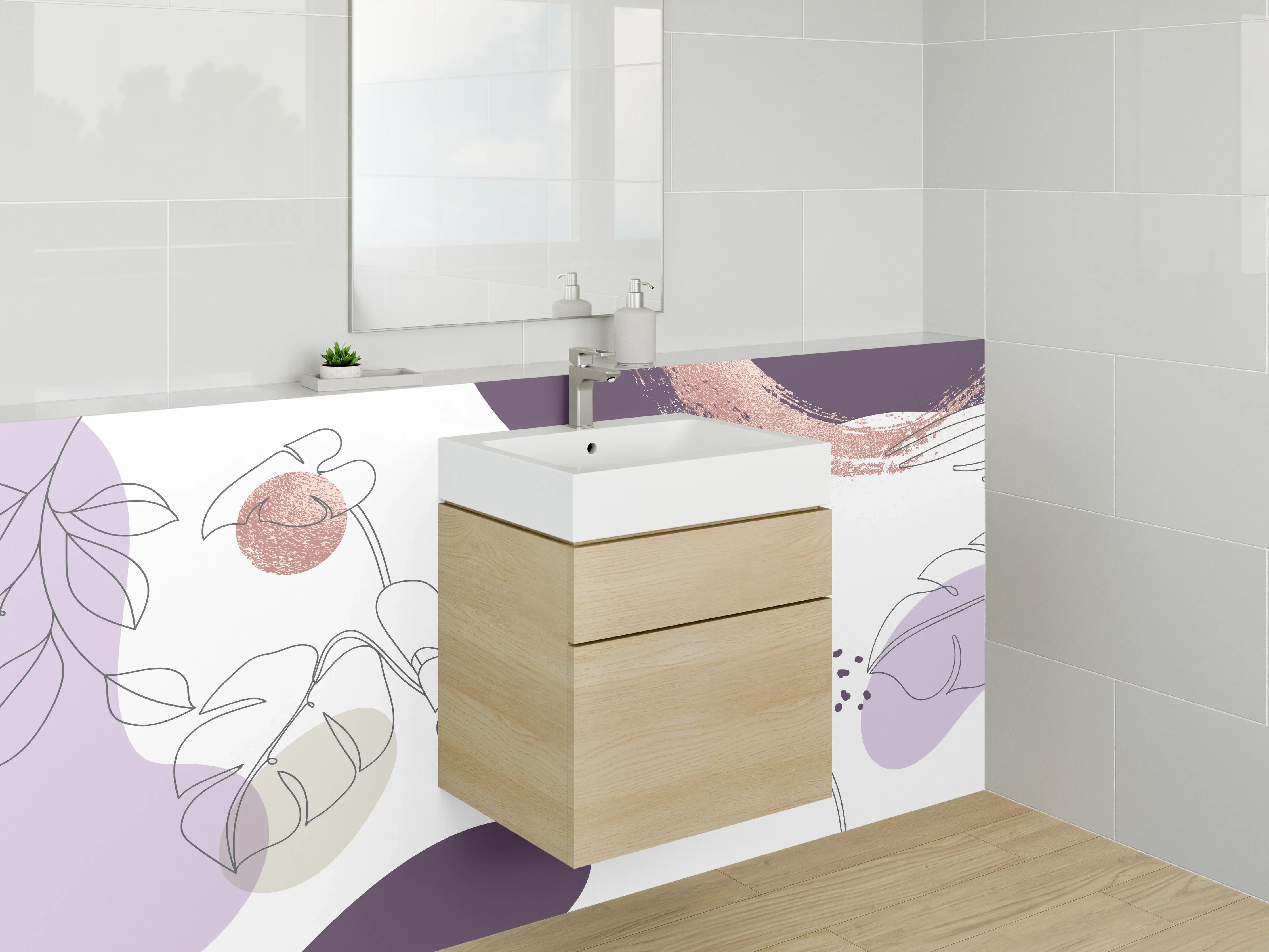 Waschbecken-Rückwand - Abstrakte Lineart Pflanzen Lila Beige