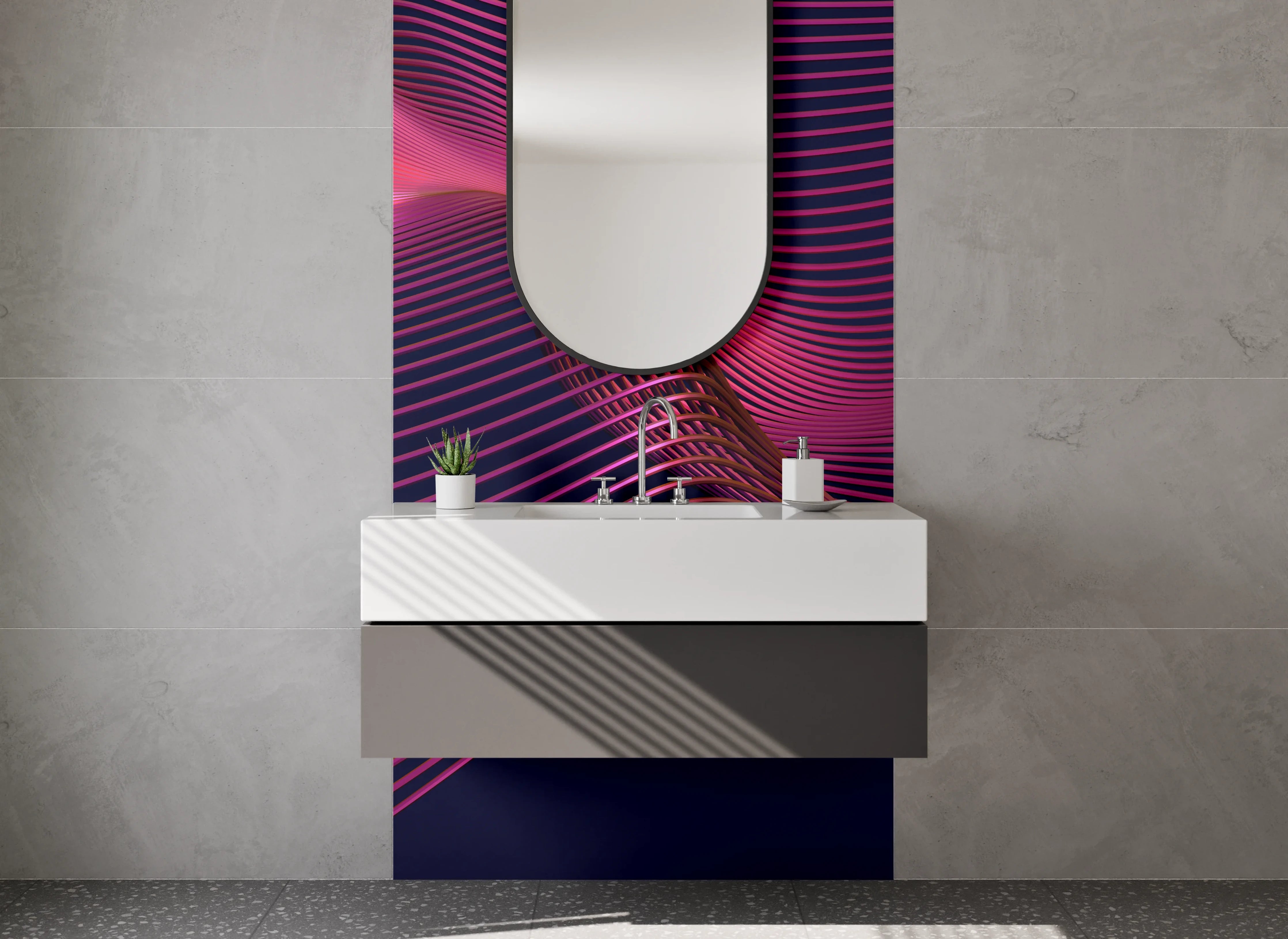 Waschbecken-Rückwand - Abstrakte Linien in Pink auf Dunkelblau