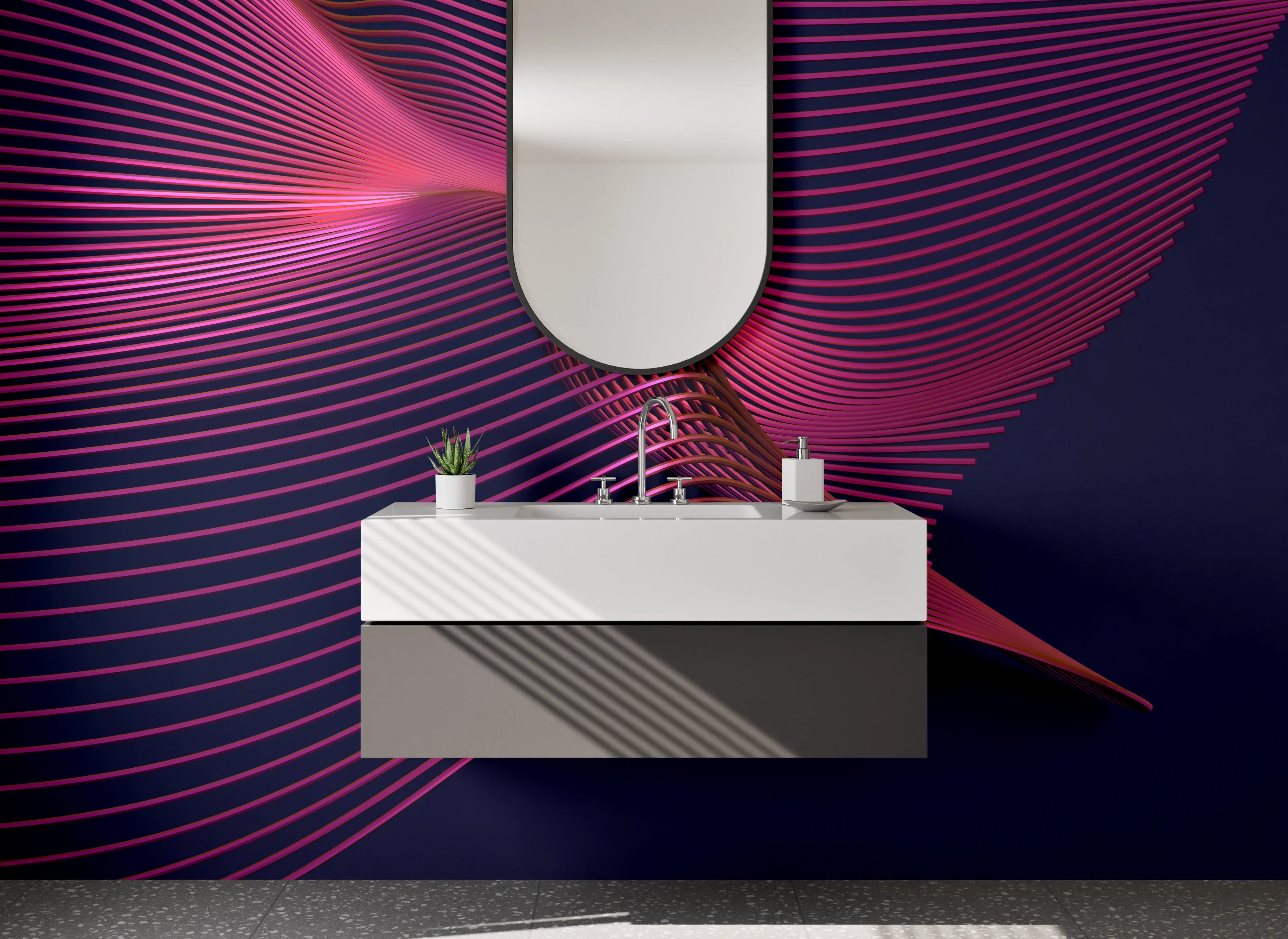 Waschbecken-Rückwand - Abstrakte Linien in Pink auf Dunkelblau