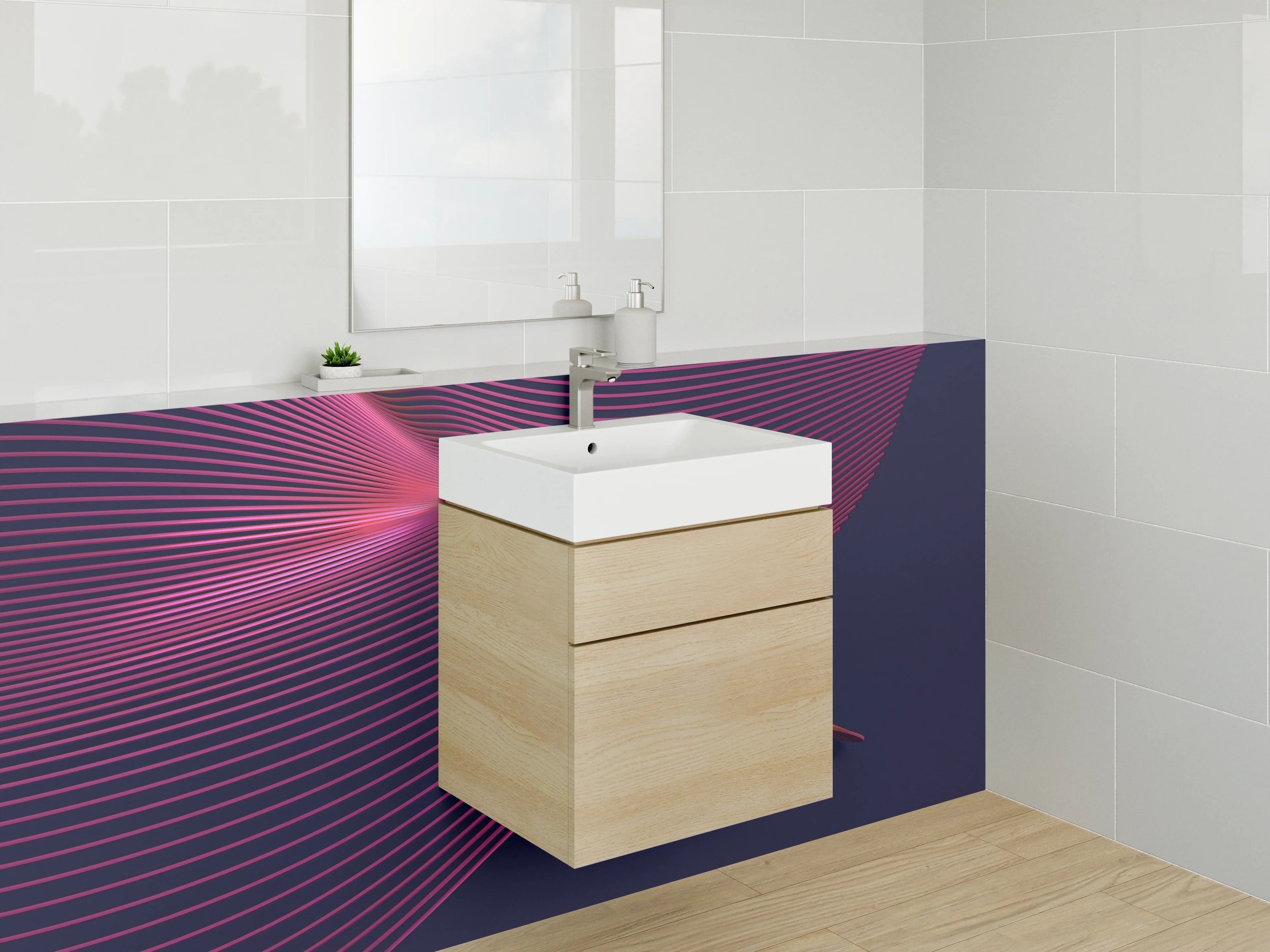 Waschbecken-Rückwand - Abstrakte Linien in Pink auf Dunkelblau