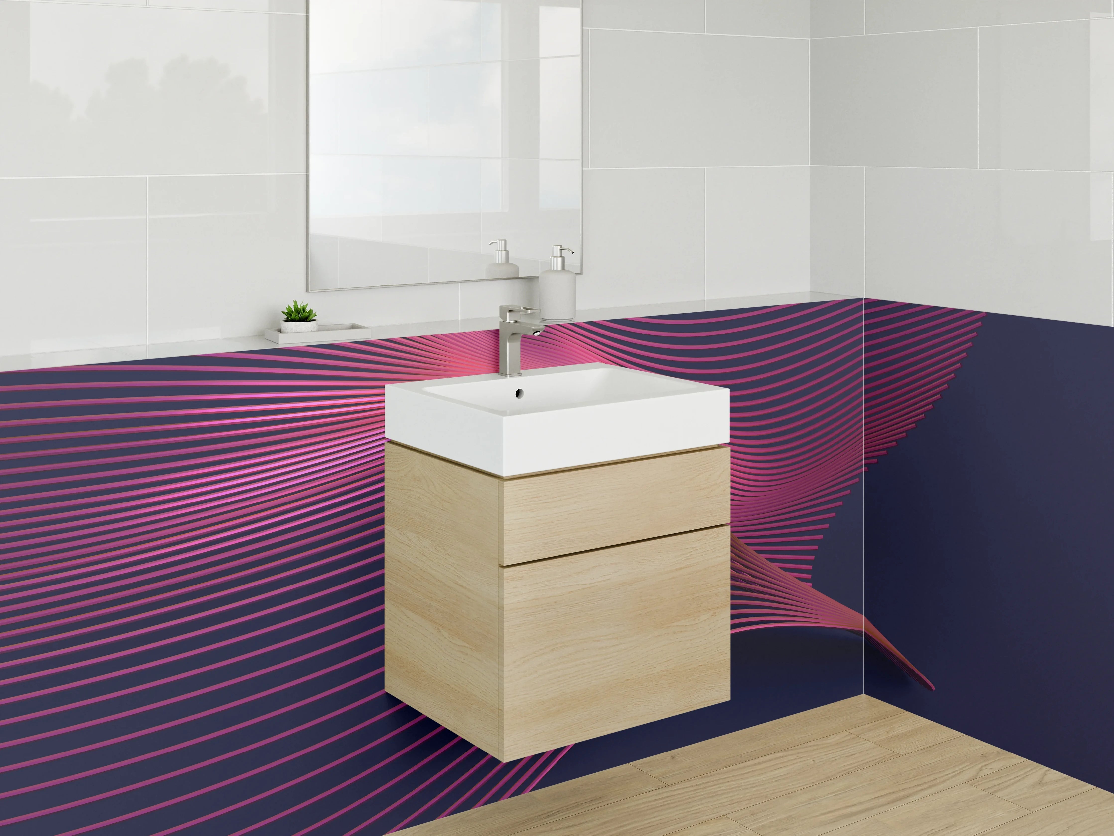 Waschbecken-Rückwand - Abstrakte Linien in Pink auf Dunkelblau