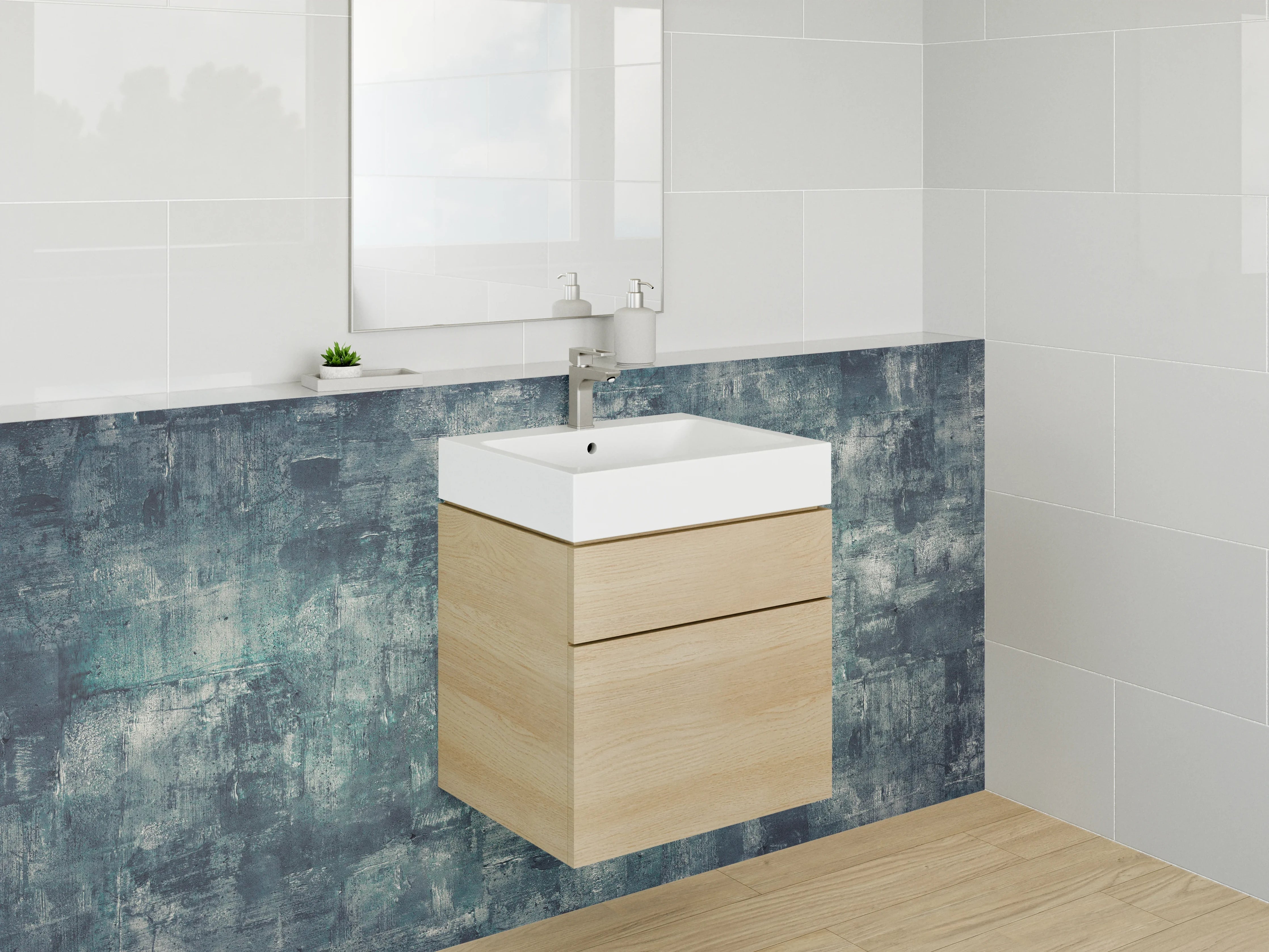 Waschbecken-Rückwand - Abstrakte Malerei in Blau und Grau