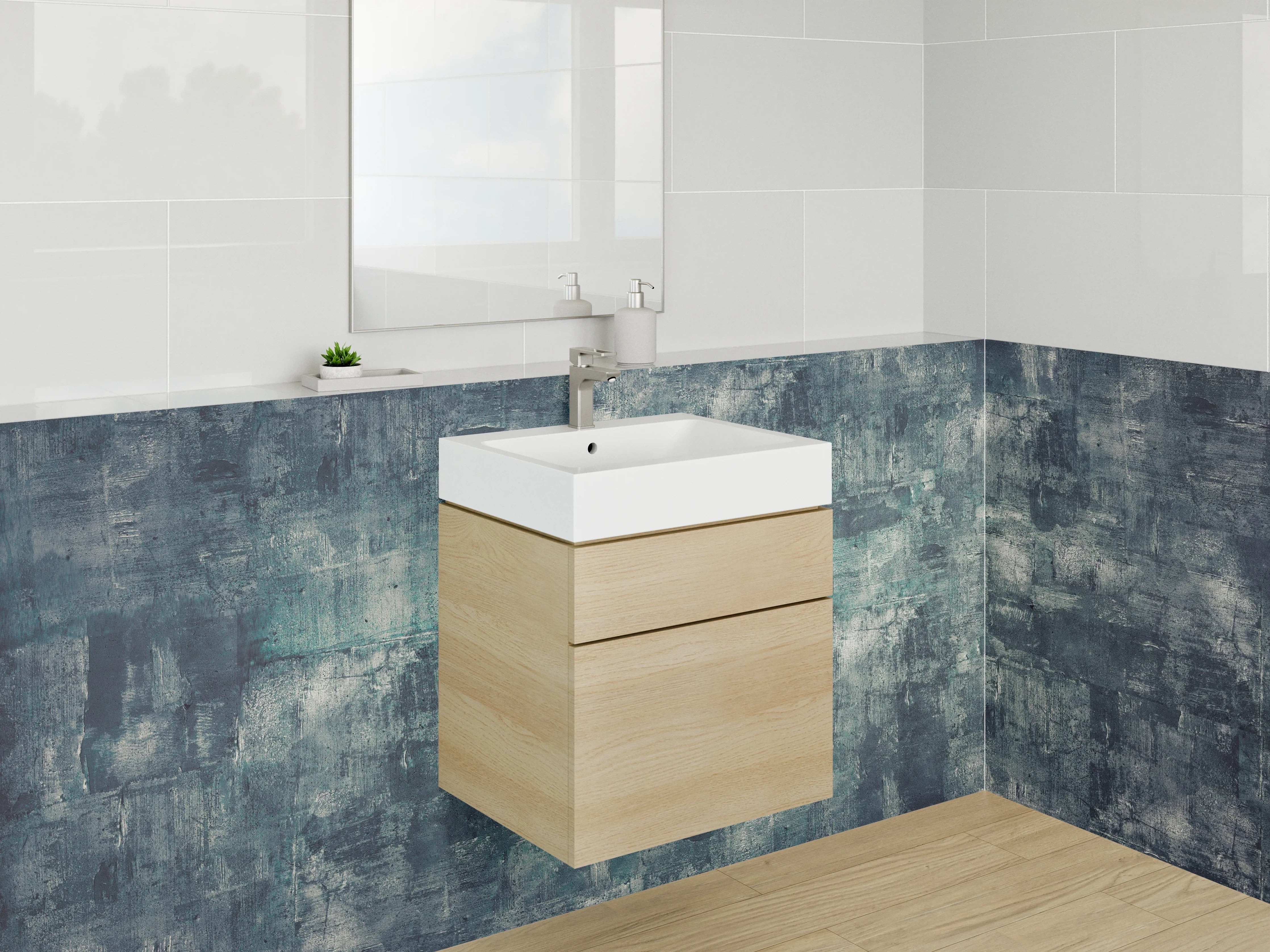 Waschbecken-Rückwand - Abstrakte Malerei in Blau und Grau