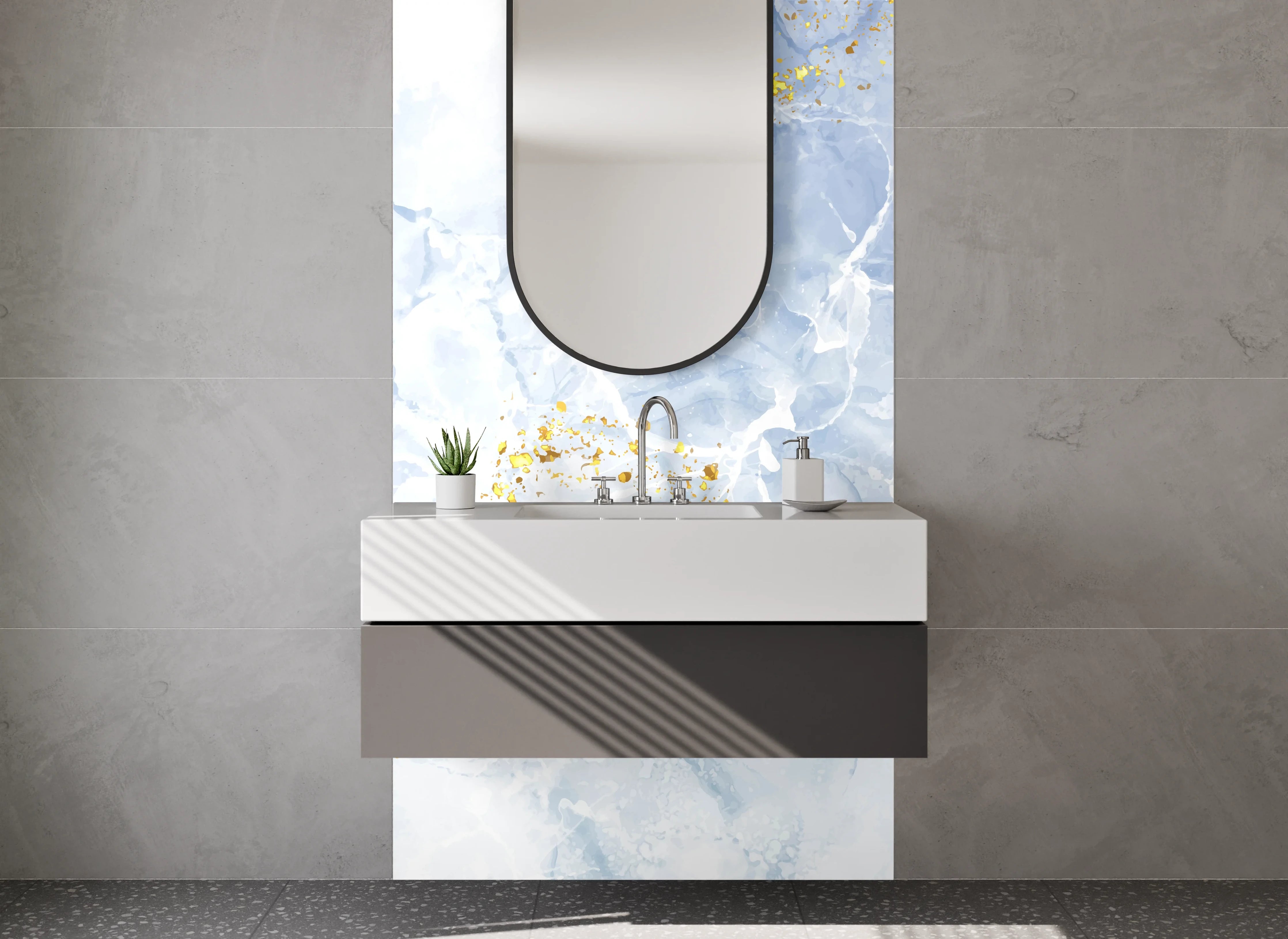 Waschbecken-Rückwand - Abstrakte Marmor Aquarell Optik Blau Weiß