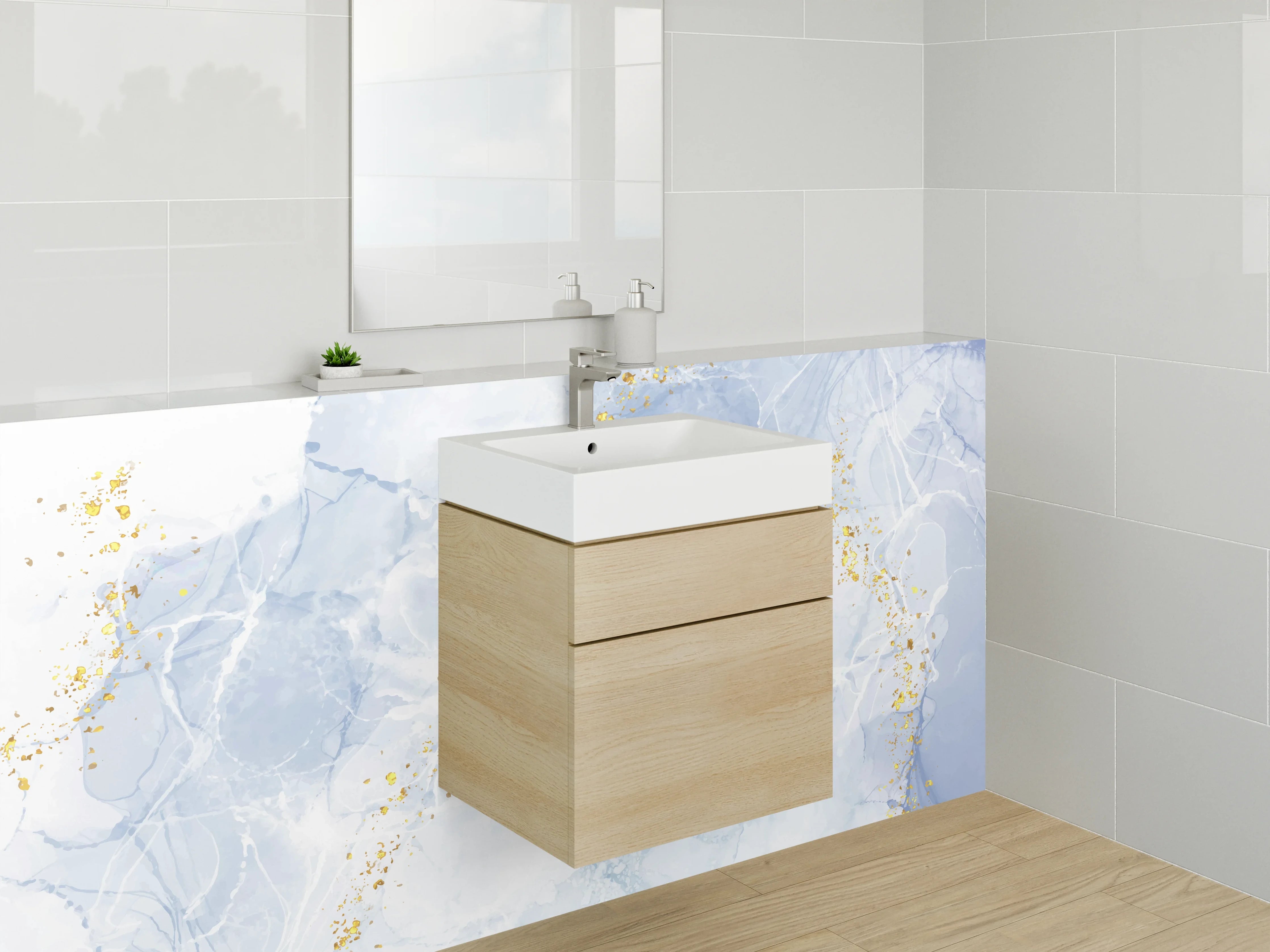 Waschbecken-Rückwand - Abstrakte Marmor Aquarell Optik Blau Weiß