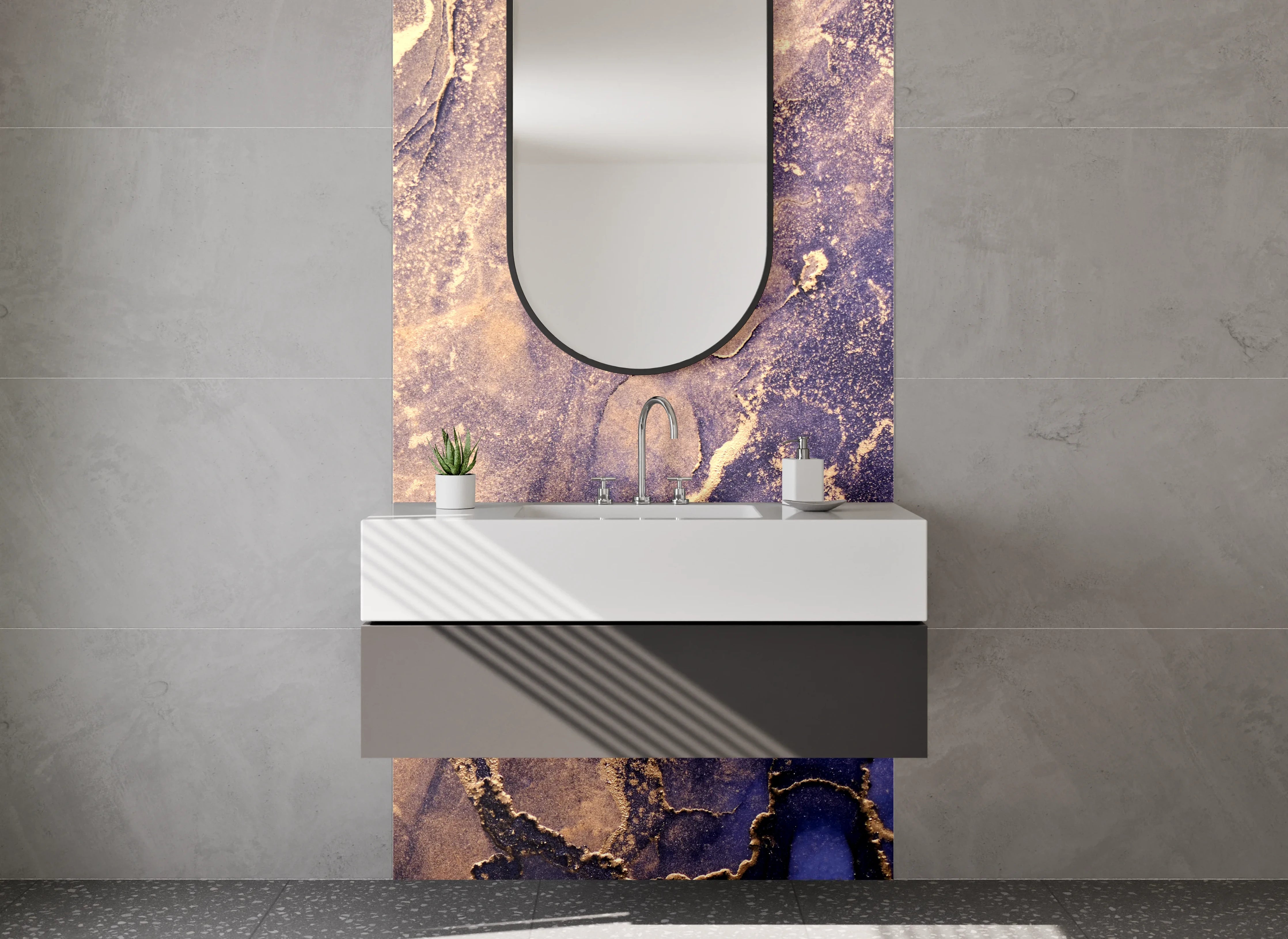 Waschbecken-Rückwand - Abstrakte Marmor-Gold Blau Lila Kunst