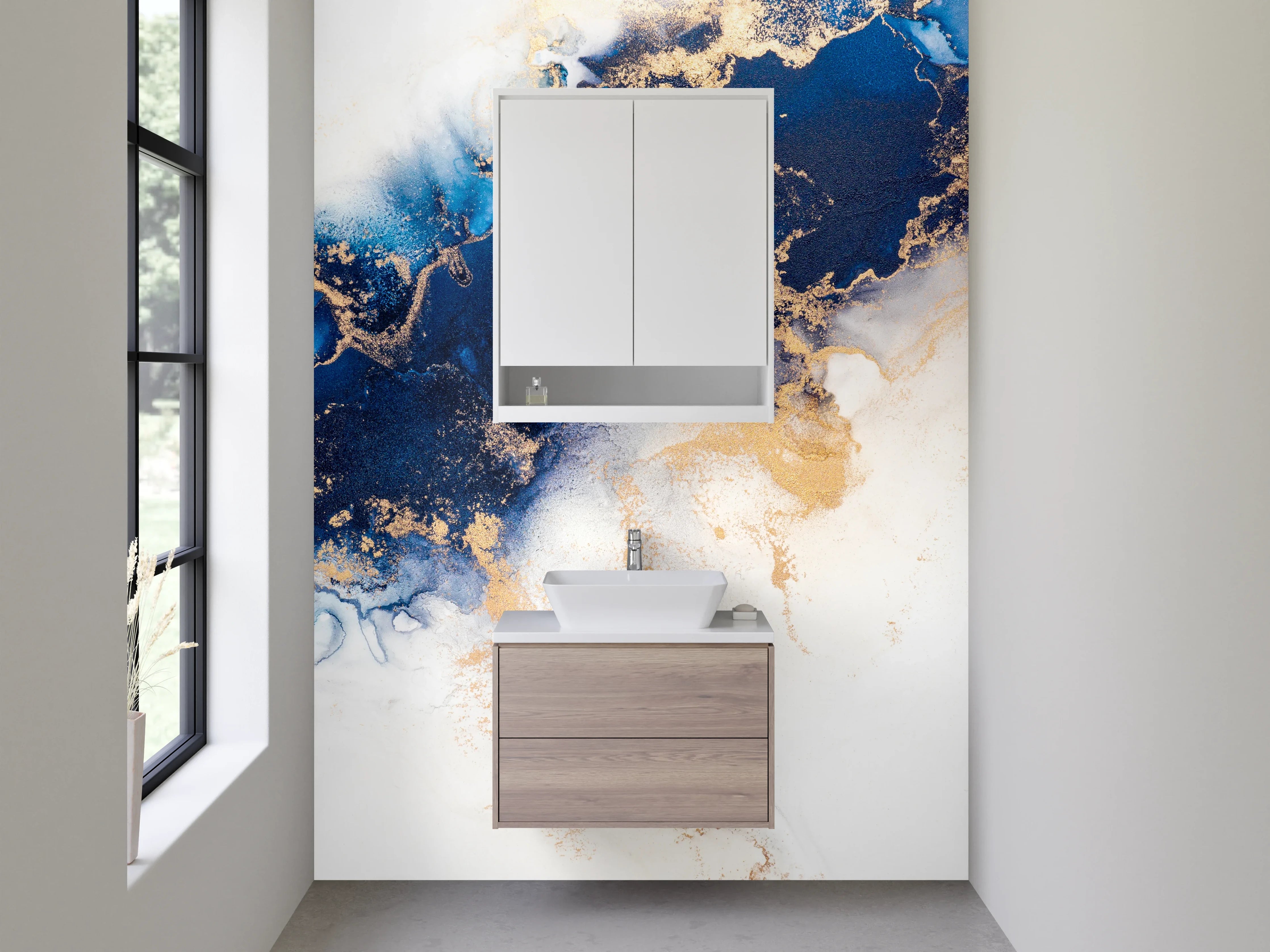 Waschbecken-Rückwand - Abstrakte Marmor-Gold Optik Blau Weiß