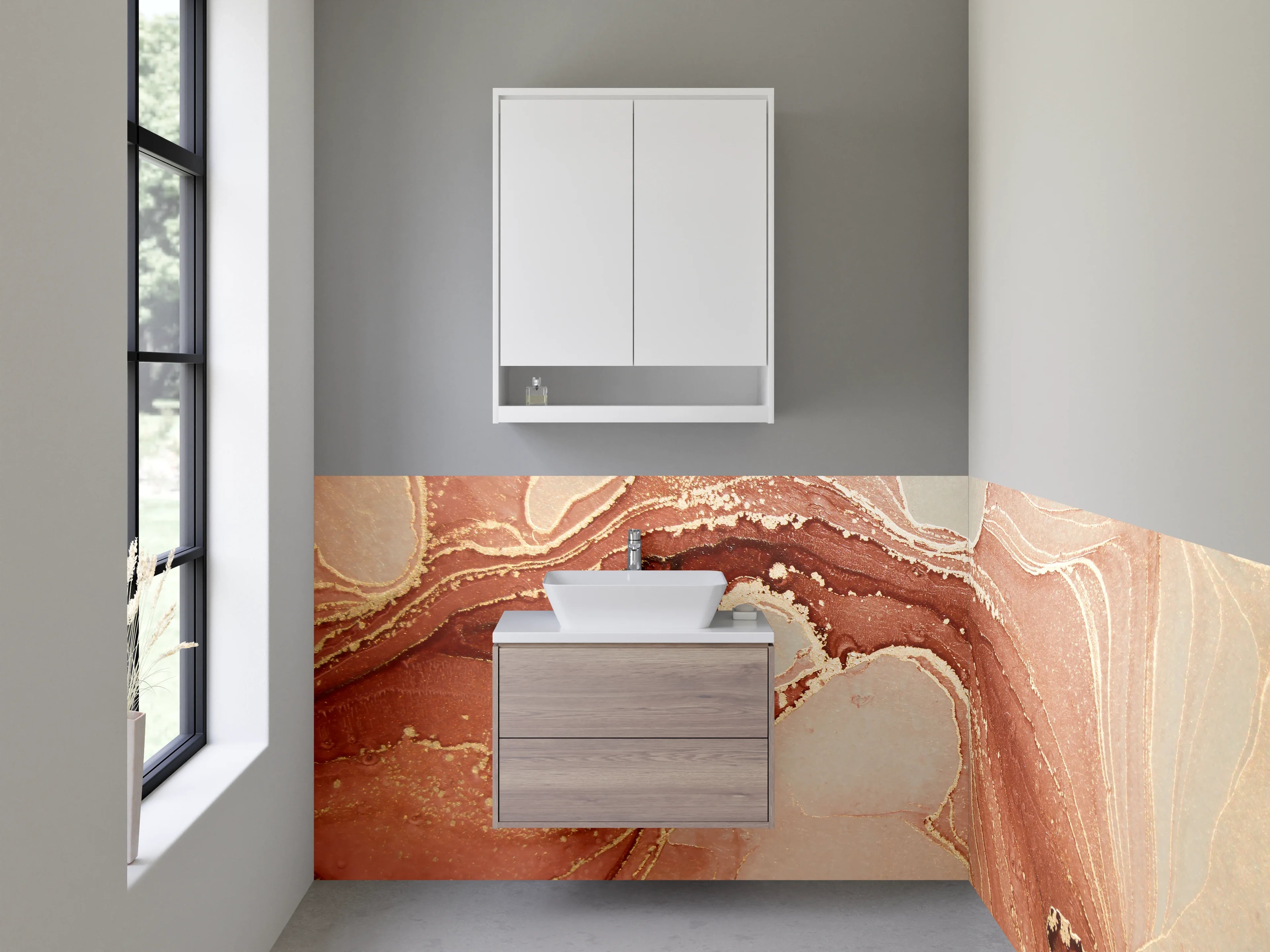 Waschbecken-Rückwand - Abstrakte Marmor-Optik in Rosa Beige