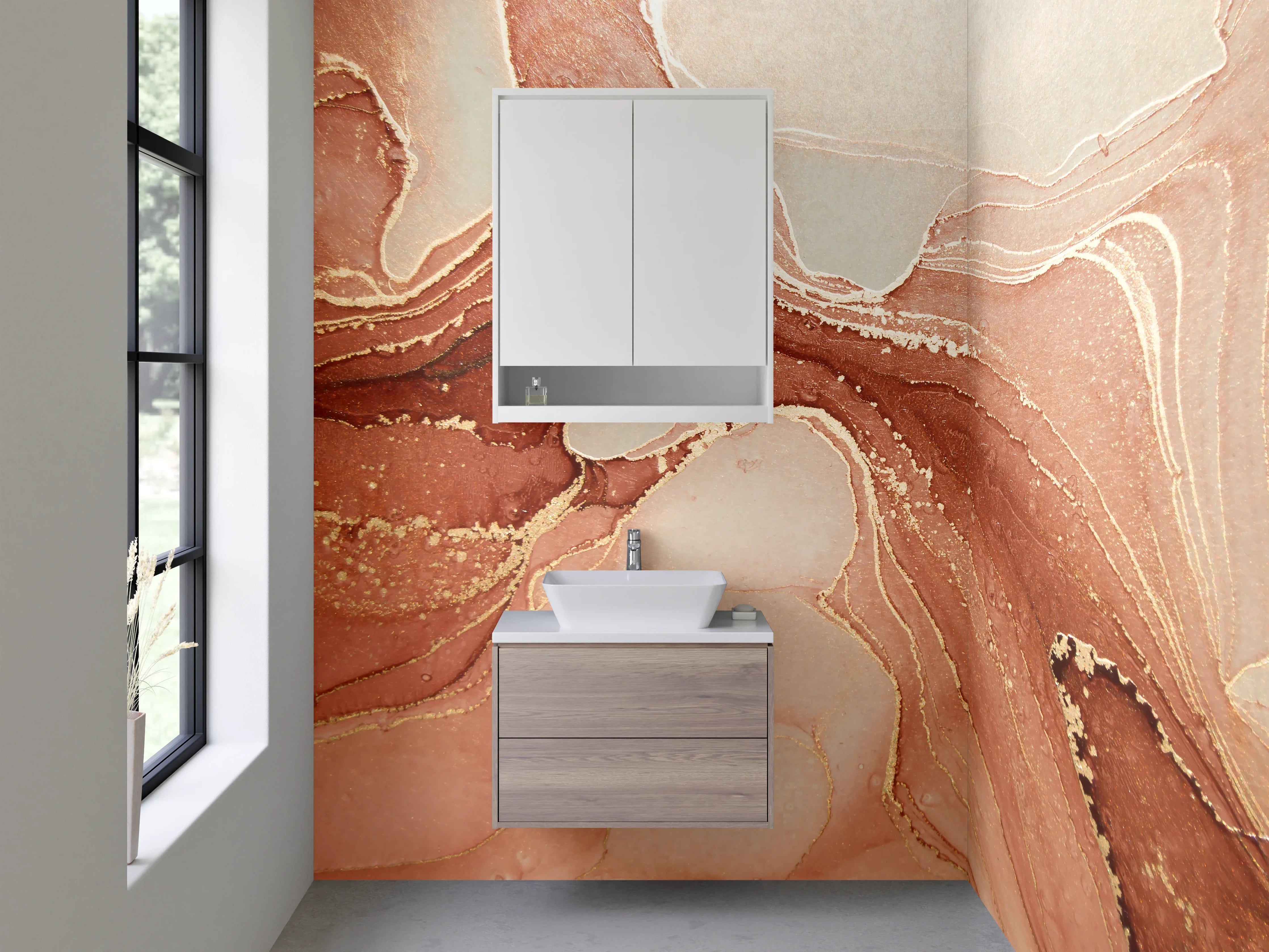 Waschbecken-Rückwand - Abstrakte Marmor-Optik in Rosa Beige
