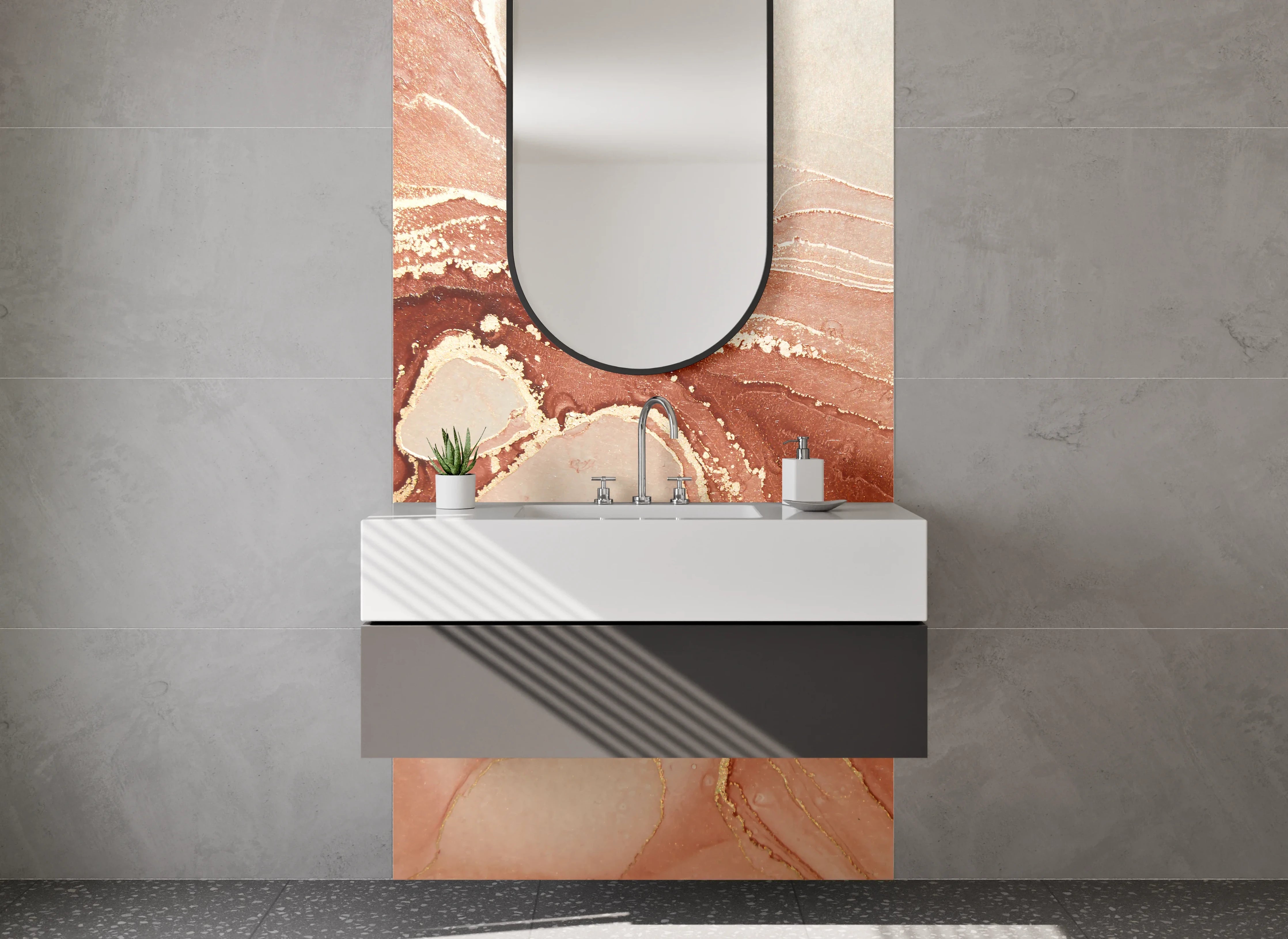 Waschbecken-Rückwand - Abstrakte Marmor-Optik in Rosa Beige