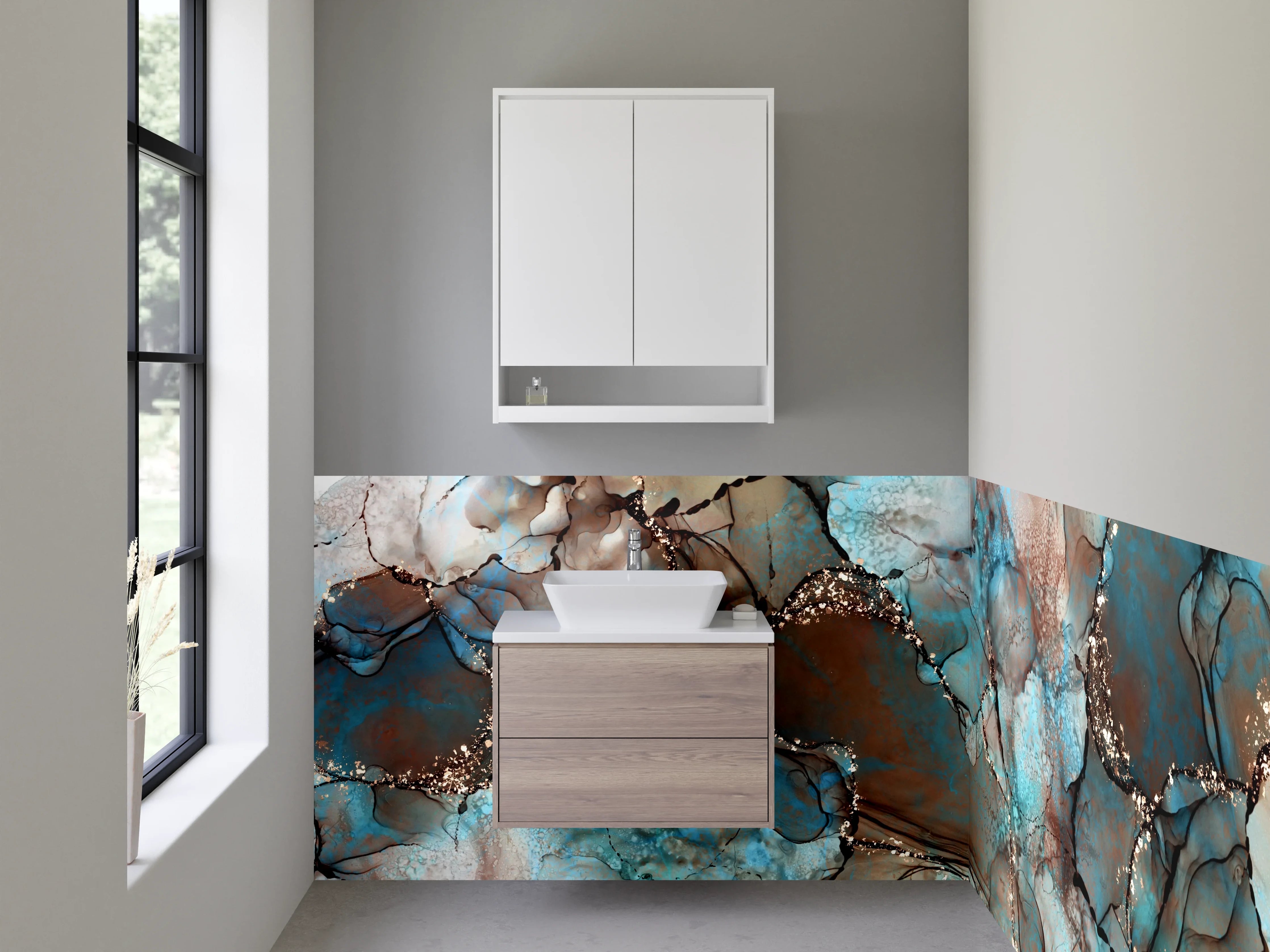 Waschbecken-Rückwand - Abstrakte Marmoroptik Blau Braun Gold
