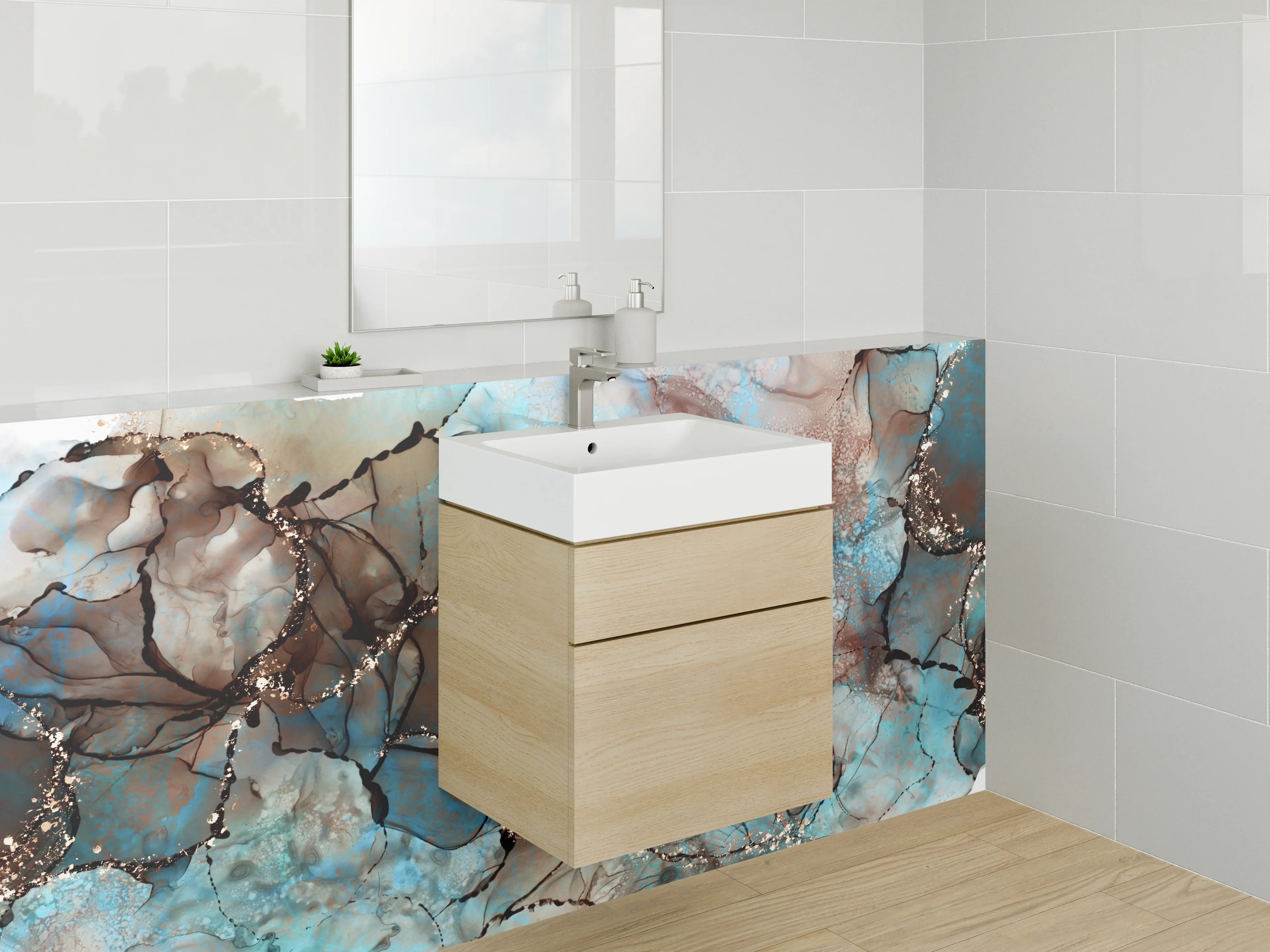 Waschbecken-Rückwand - Abstrakte Marmoroptik Blau Braun Gold