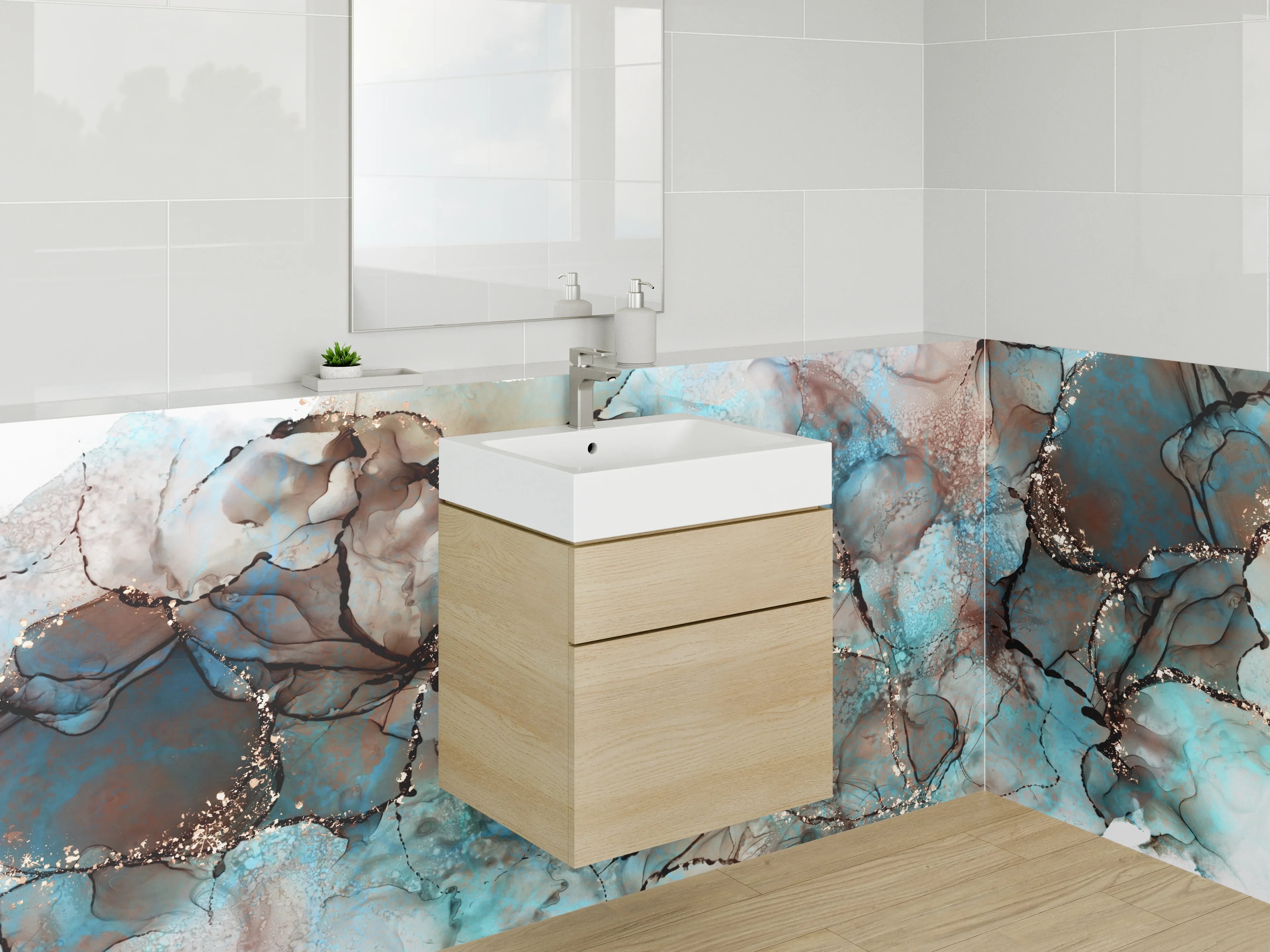 Waschbecken-Rückwand - Abstrakte Marmoroptik Blau Braun Gold