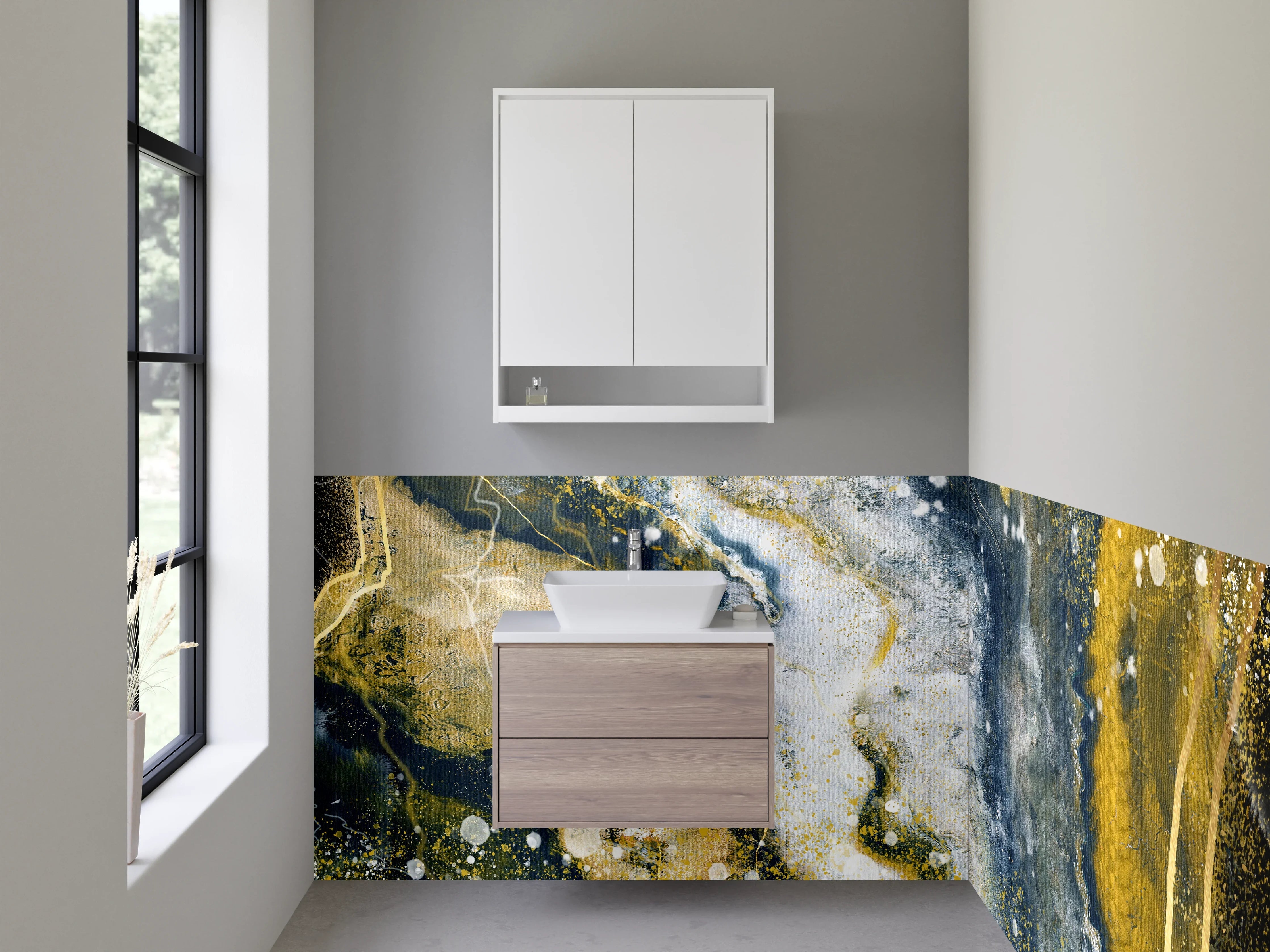 Waschbecken-Rückwand - Abstrakte Marmoroptik Gold Blau Weiß