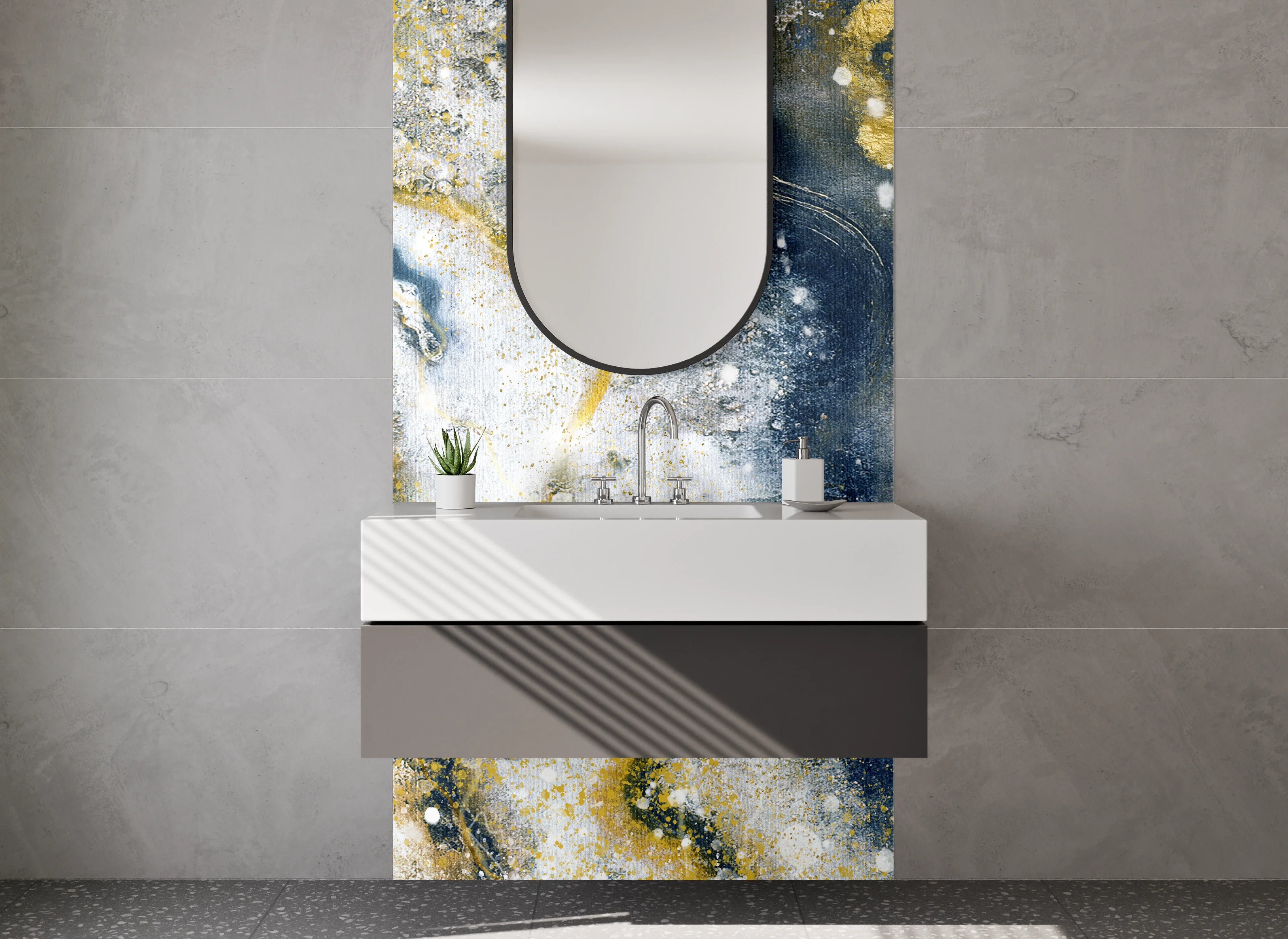 Waschbecken-Rückwand - Abstrakte Marmoroptik Gold Blau Weiß