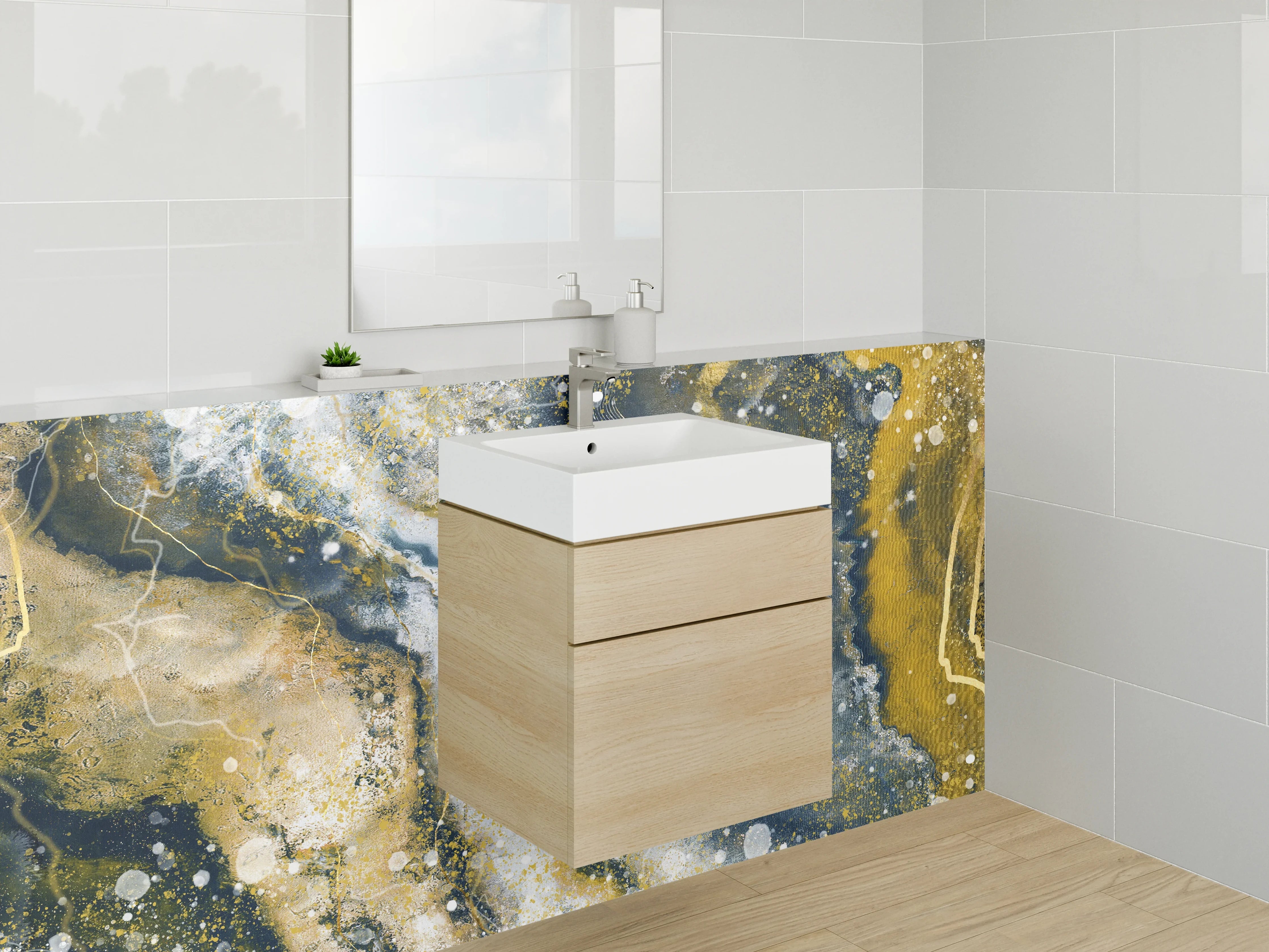 Waschbecken-Rückwand - Abstrakte Marmoroptik Gold Blau Weiß