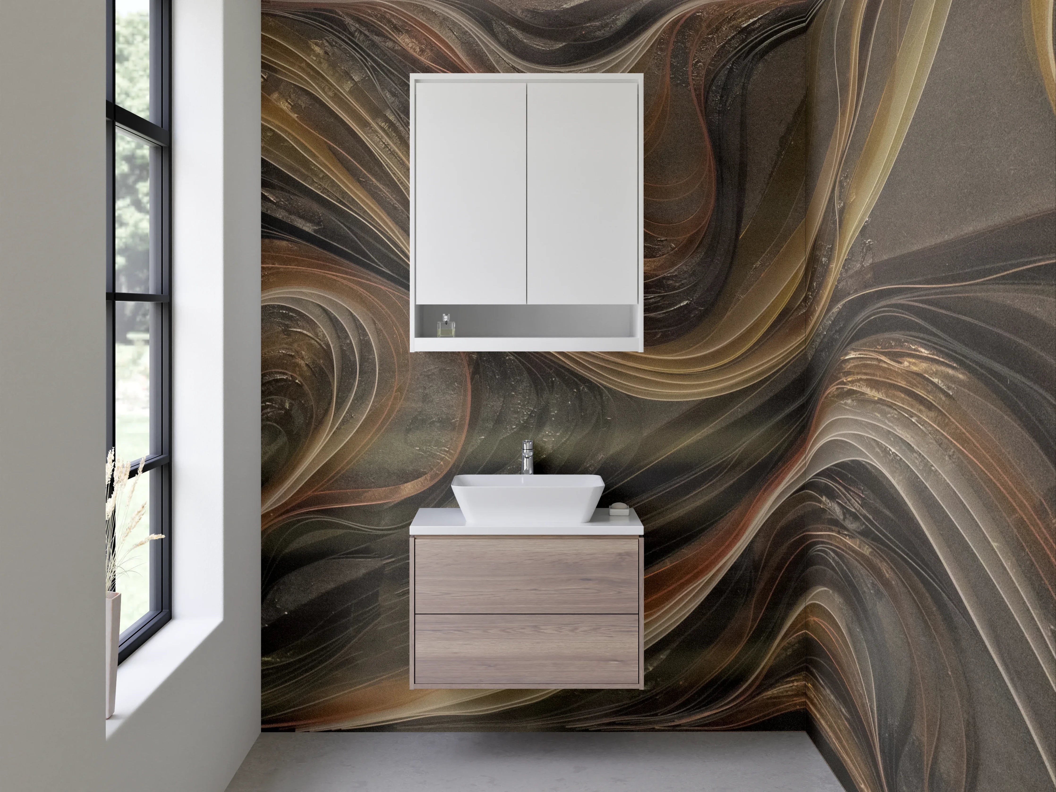 Waschbecken-Rückwand - Abstrakte Marmoroptik in Braun und Gold