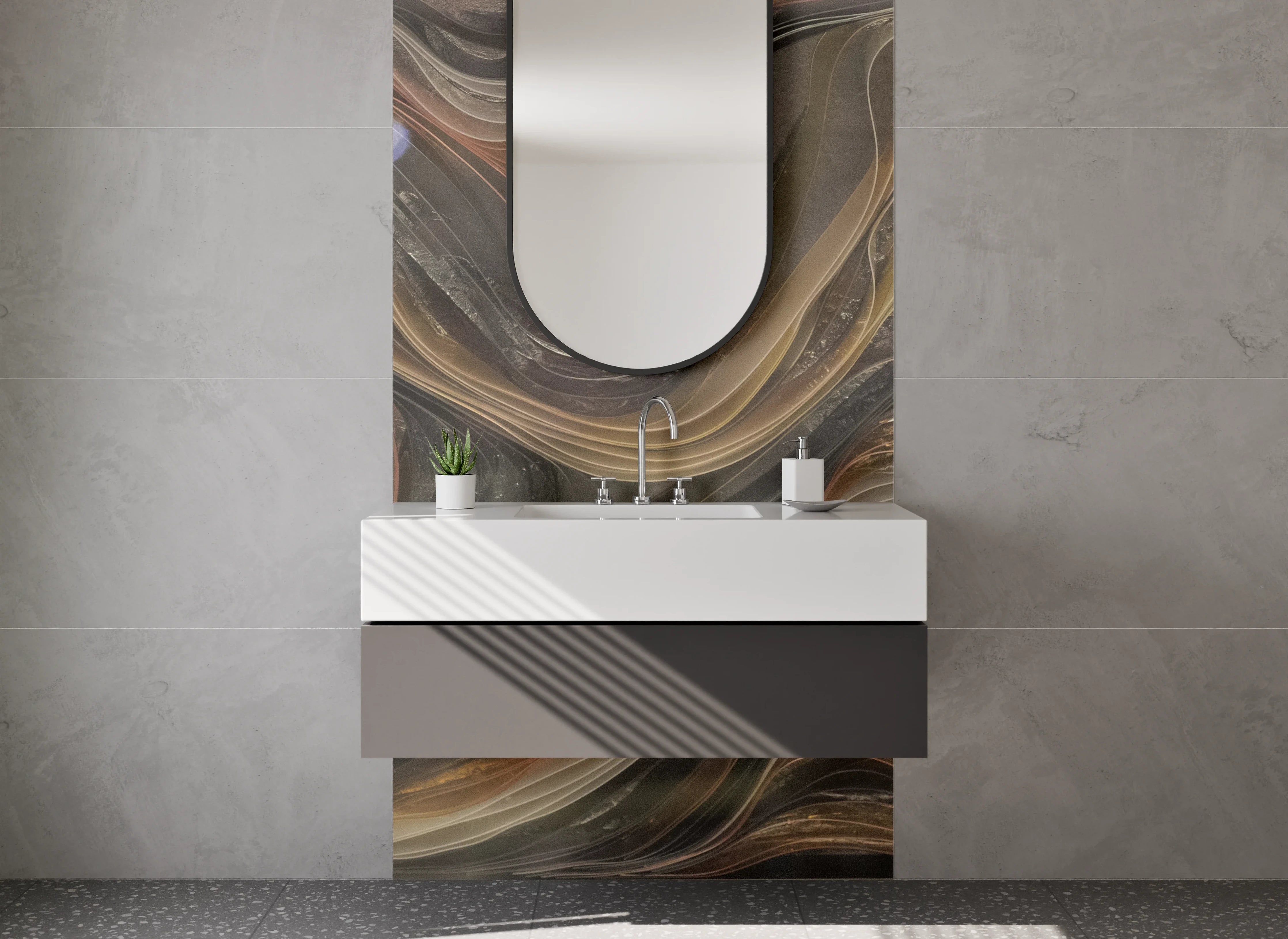 Waschbecken-Rückwand - Abstrakte Marmoroptik in Braun und Gold
