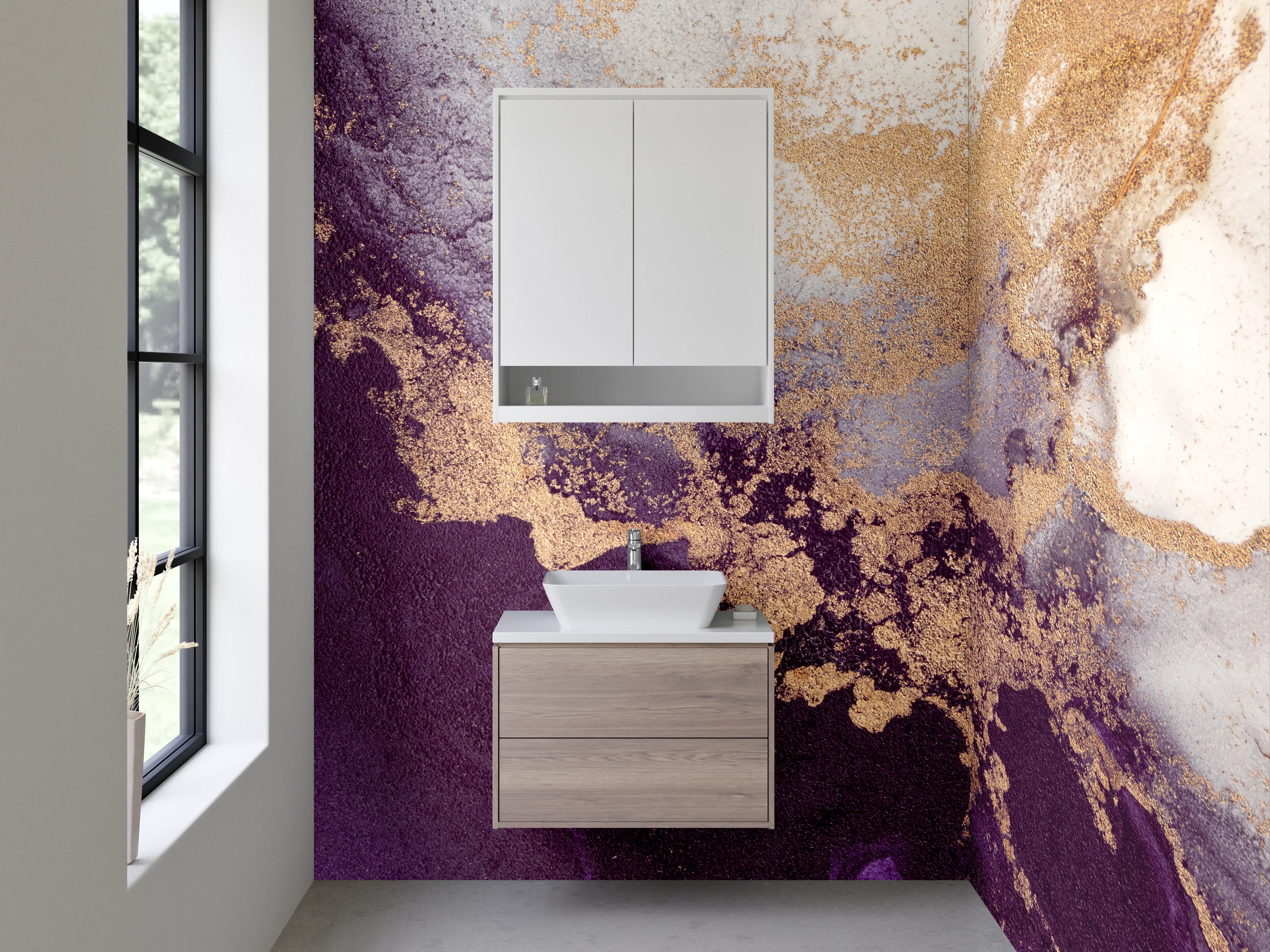 Waschbecken-Rückwand - Abstrakte Marmoroptik in Violett und Gold