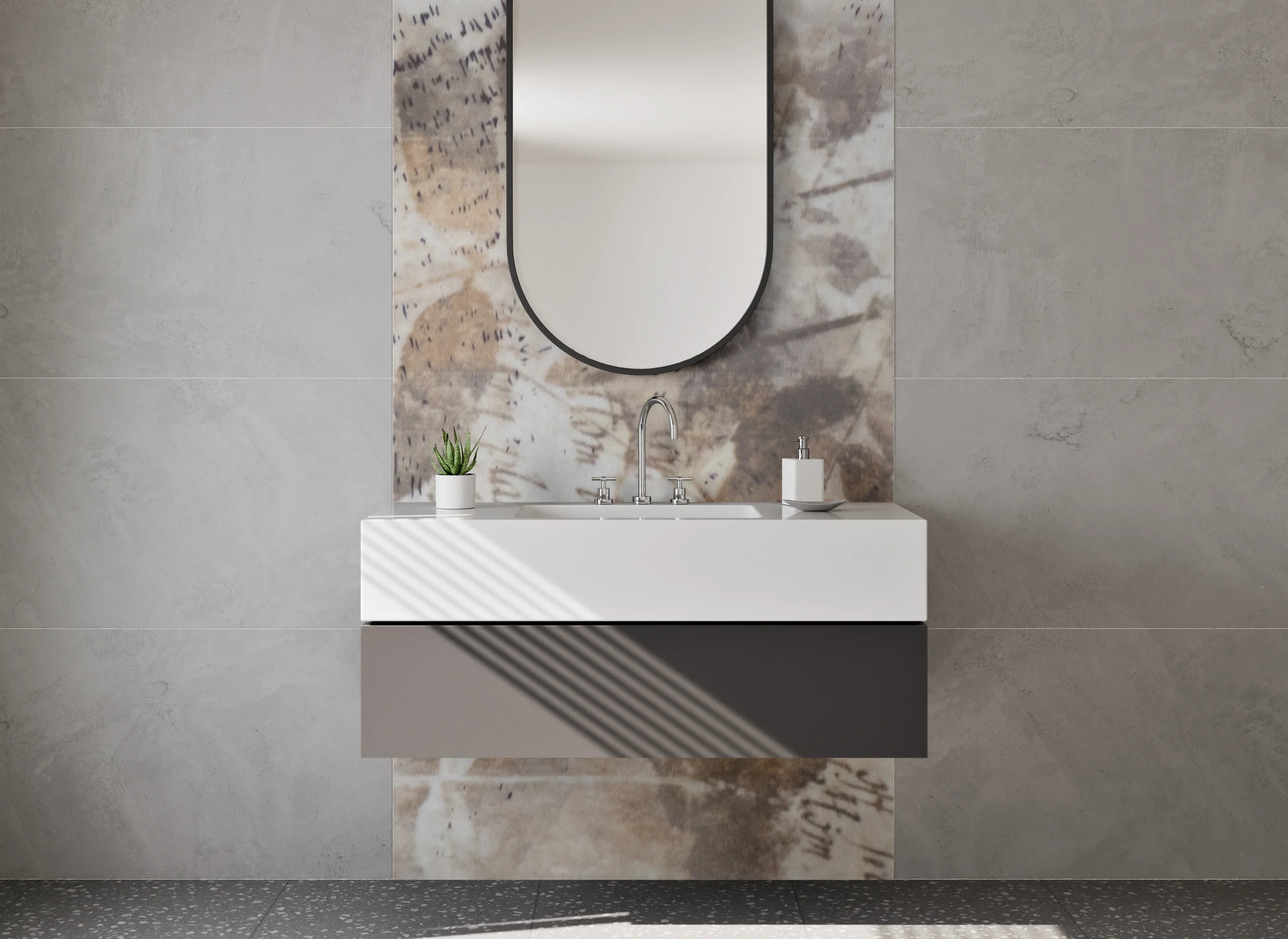 Waschbecken-Rückwand - Abstrakte Marmorstruktur Weiß Beige Braun