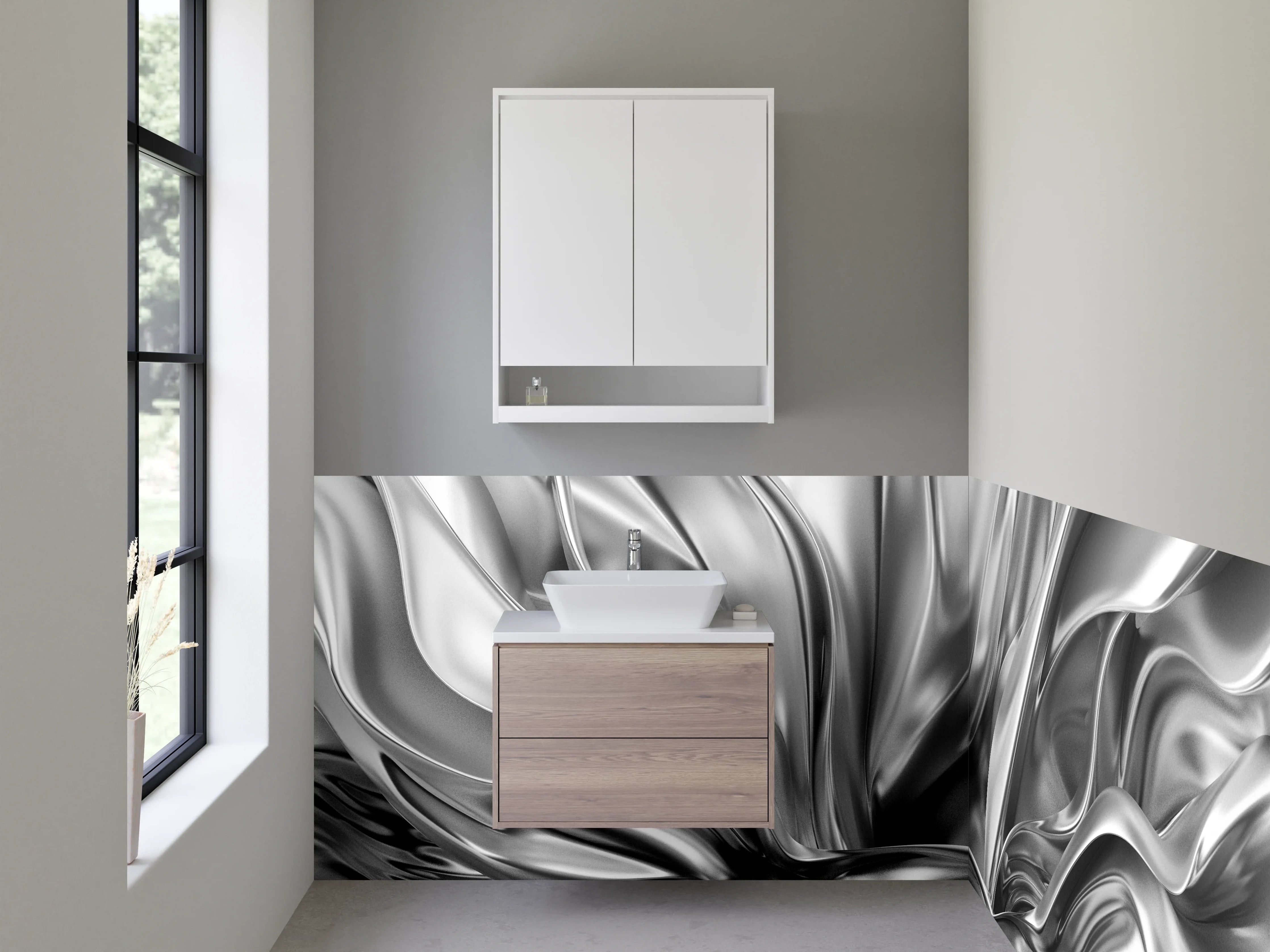Waschbecken-Rückwand - Abstrakte Metallic Wellen in Silber