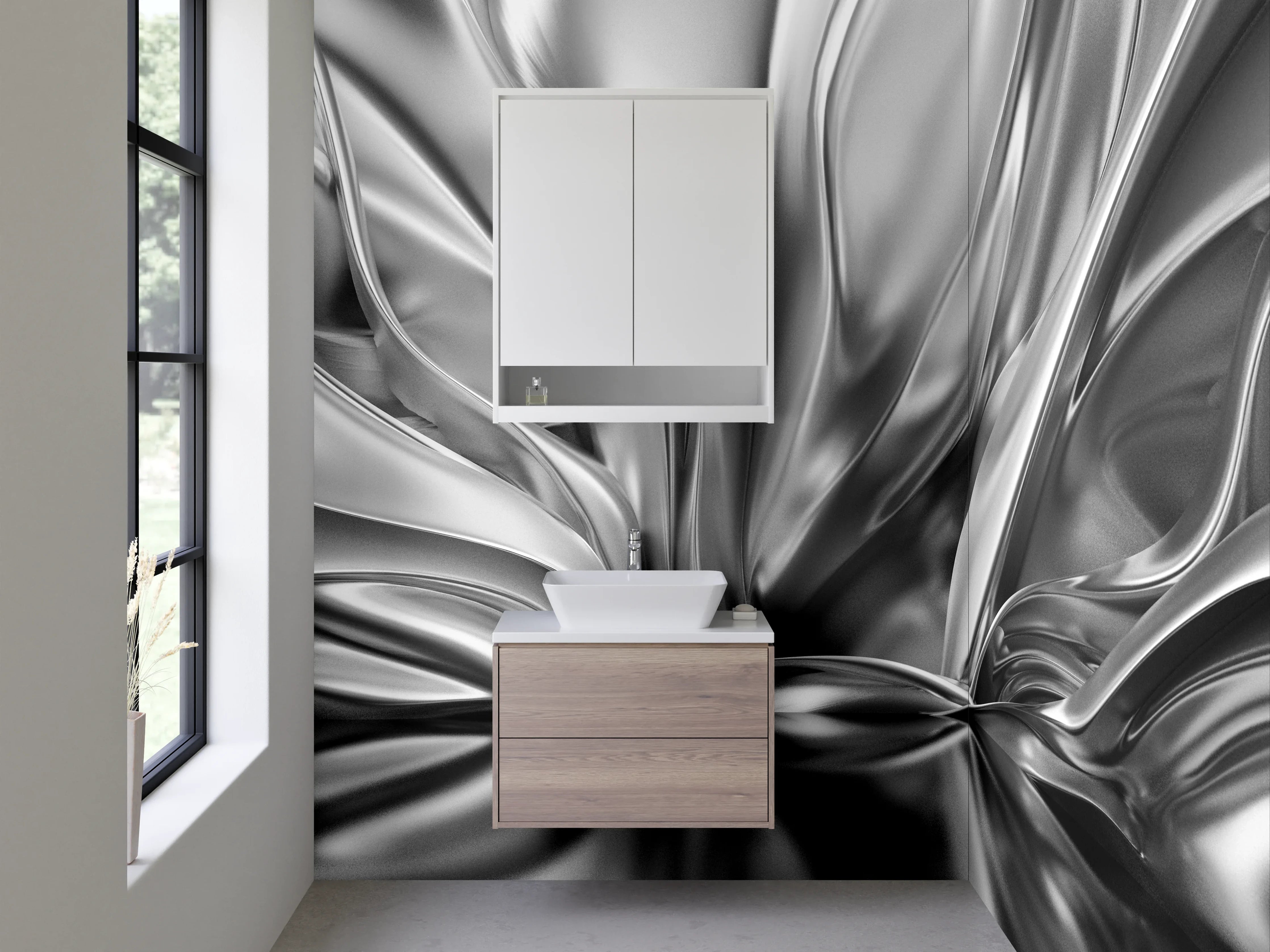 Waschbecken-Rückwand - Abstrakte Metallic Wellen in Silber