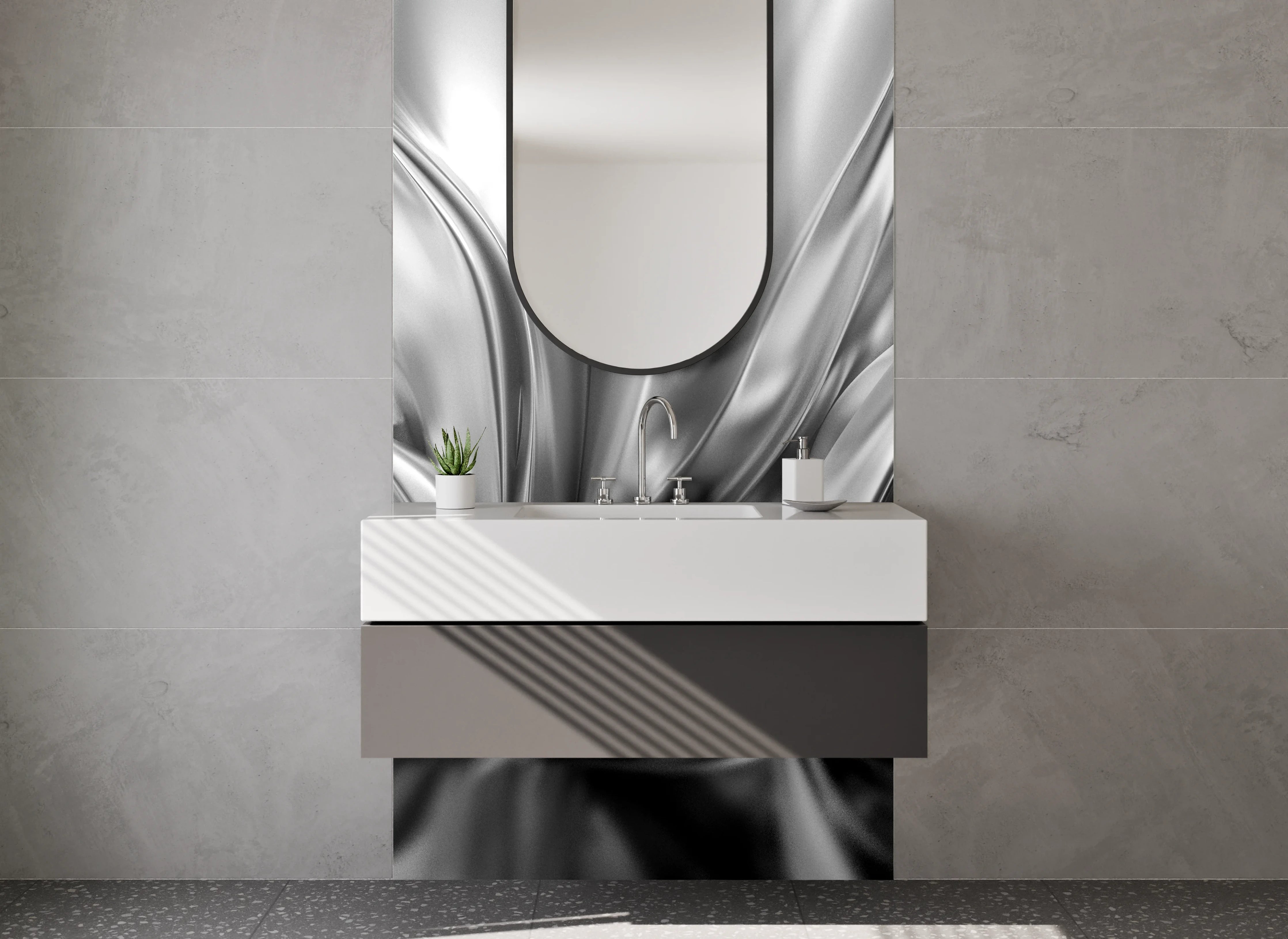 Waschbecken-Rückwand - Abstrakte Metallic Wellen in Silber