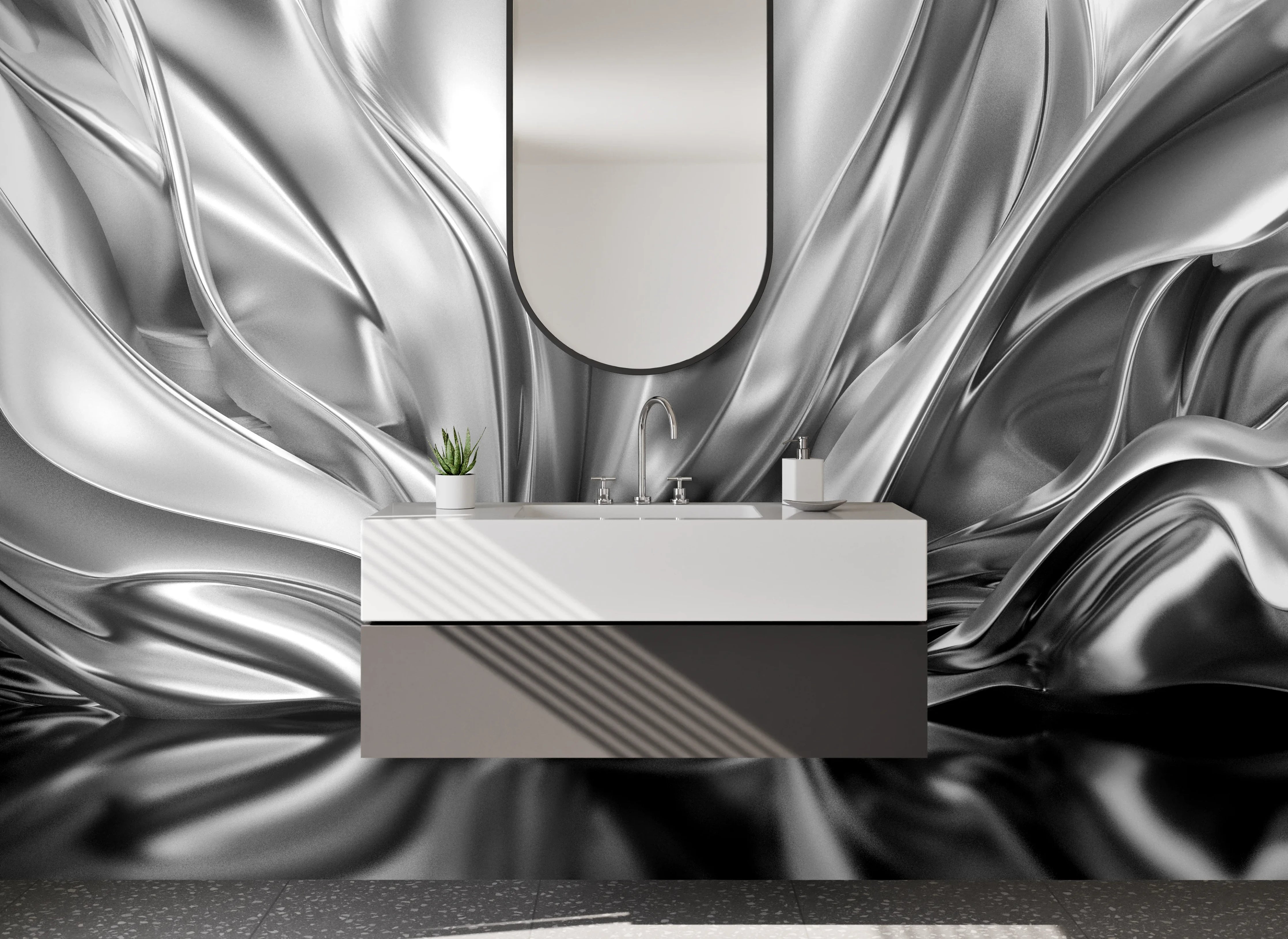 Waschbecken-Rückwand - Abstrakte Metallic Wellen in Silber