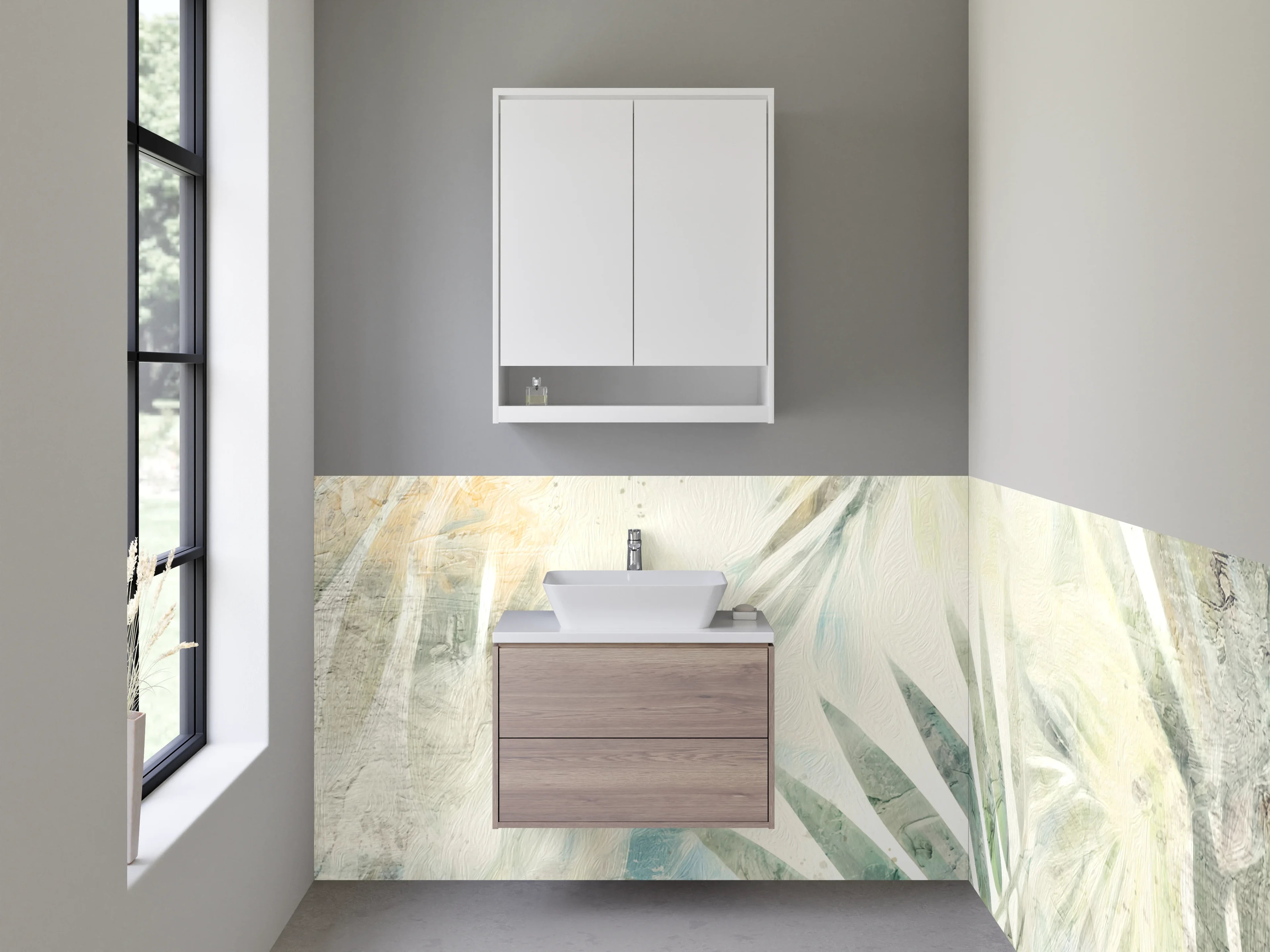 Waschbecken-Rückwand - Abstrakte Palmenblätter Weiß Beige