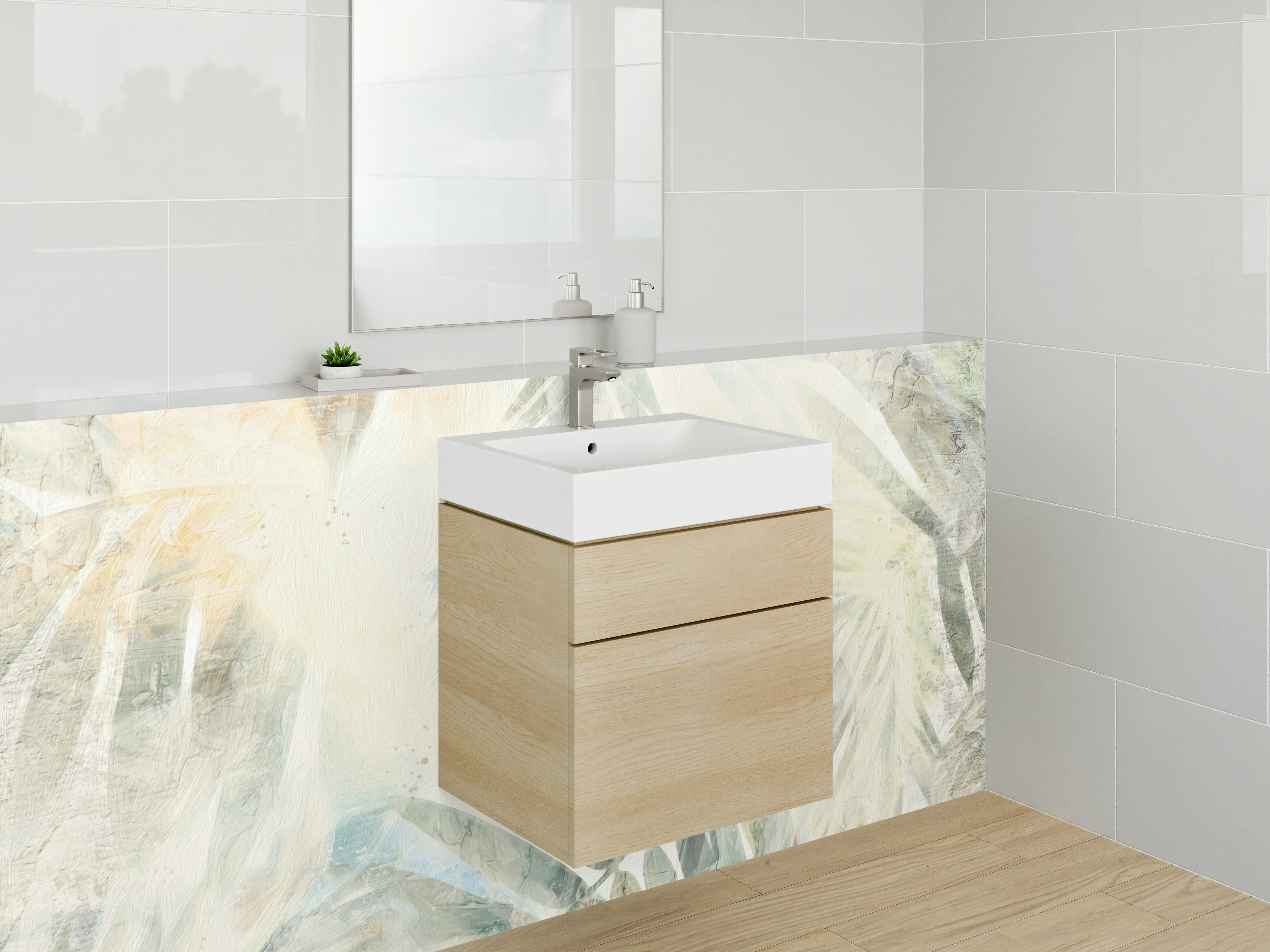 Waschbecken-Rückwand - Abstrakte Palmenblätter Weiß Beige