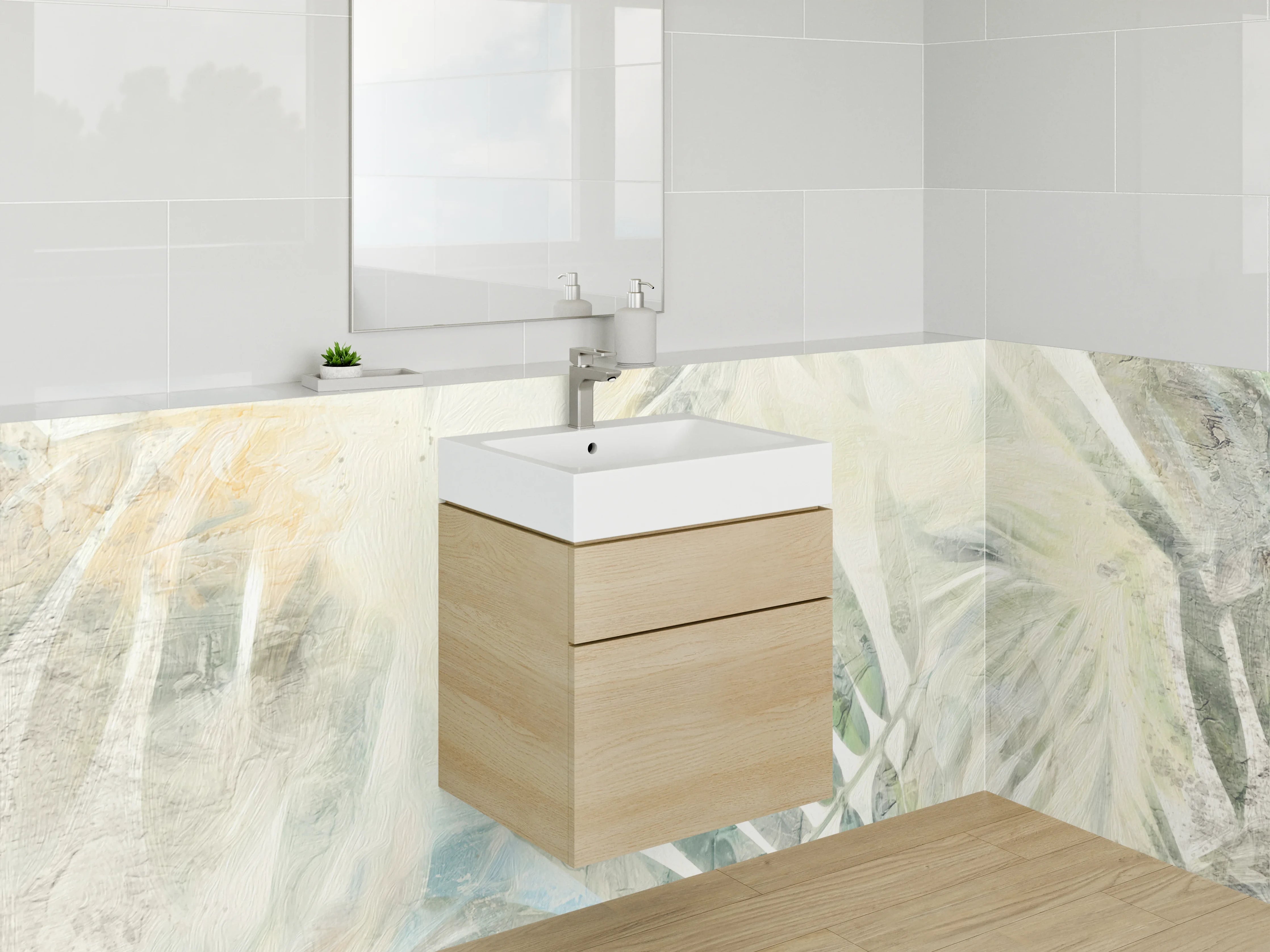 Waschbecken-Rückwand - Abstrakte Palmenblätter Weiß Beige