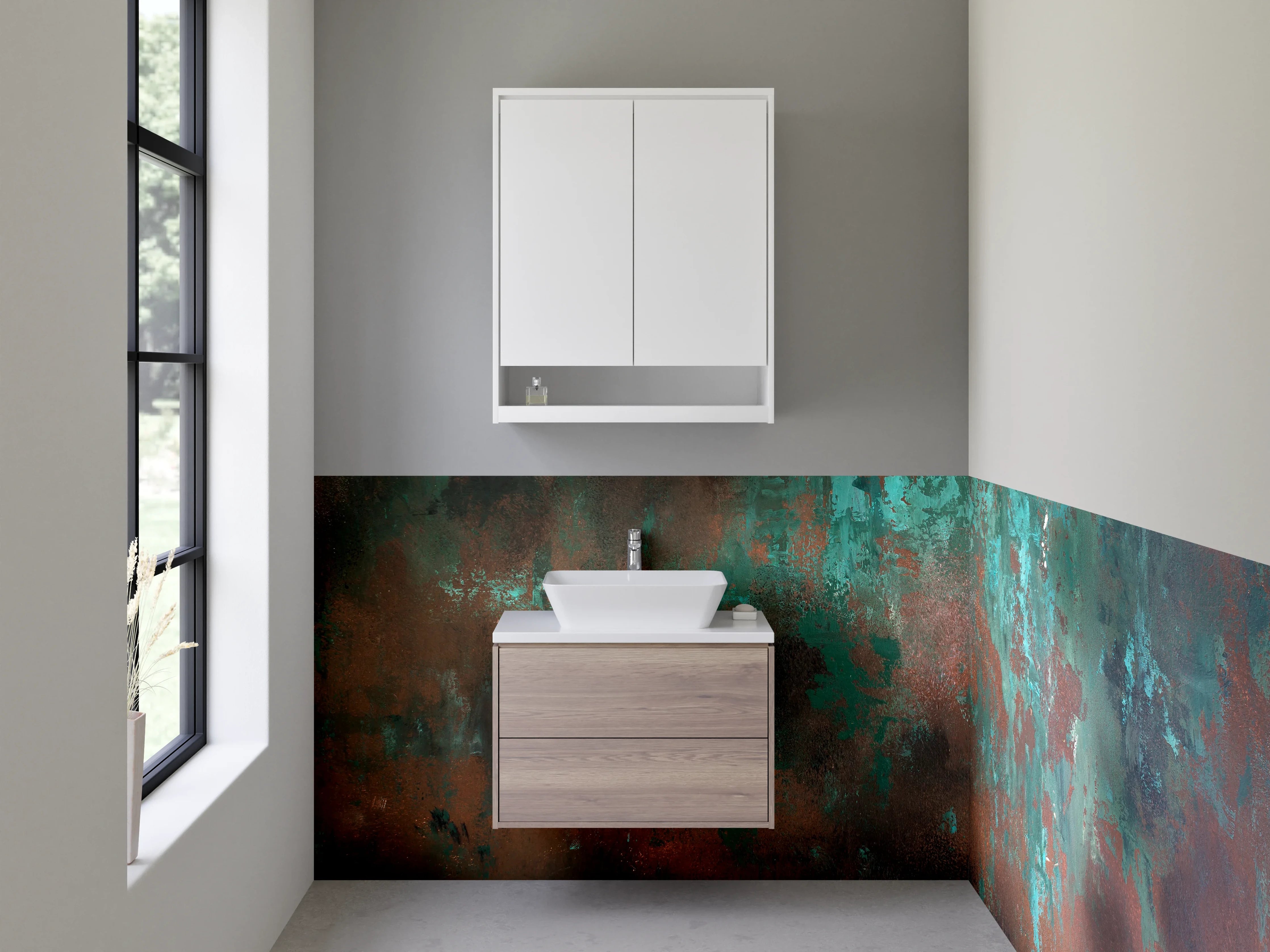 Waschbecken-Rückwand - Abstrakte Patina-Optik Türkis Braun