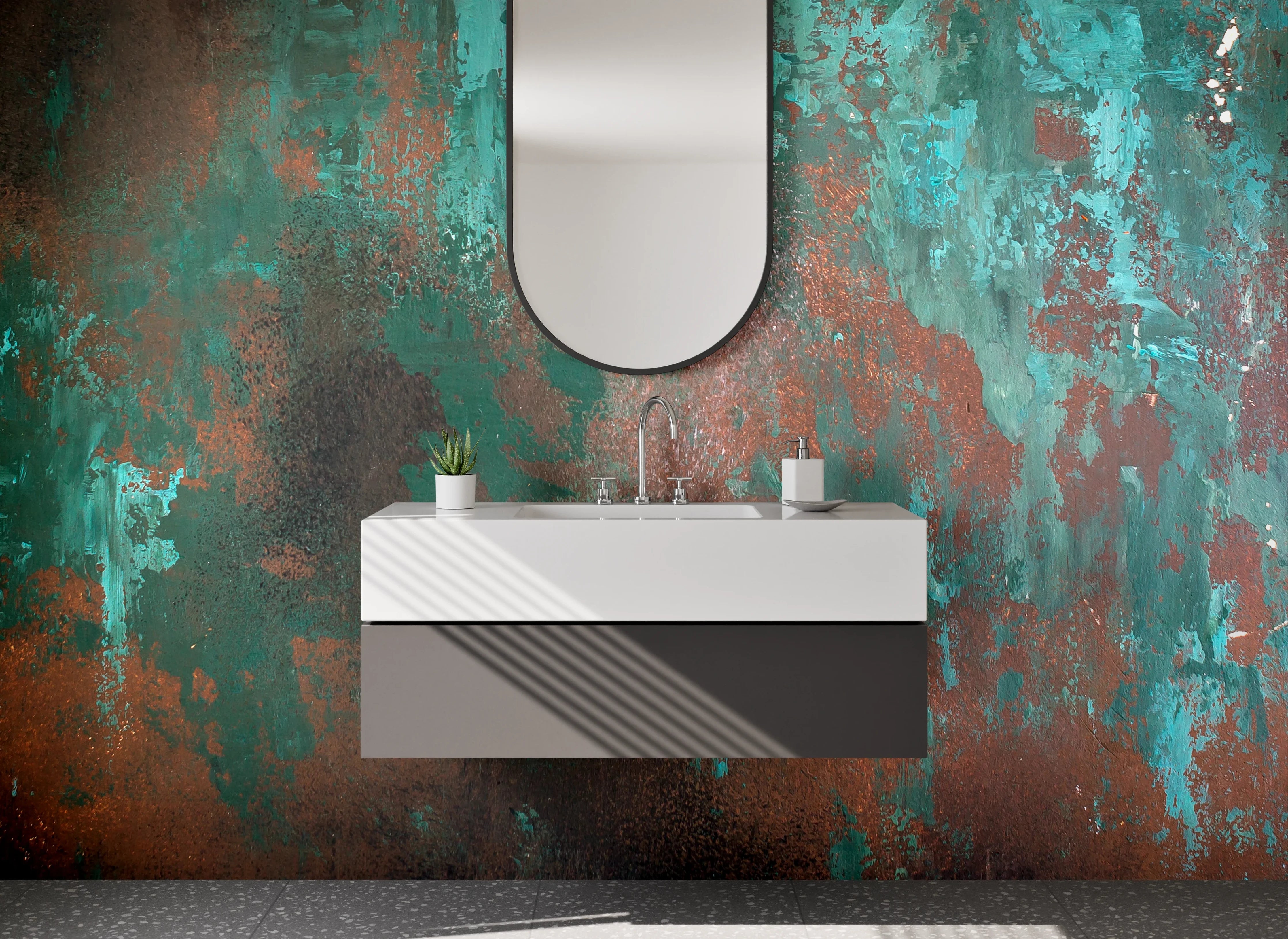 Waschbecken-Rückwand - Abstrakte Patina-Optik Türkis Braun
