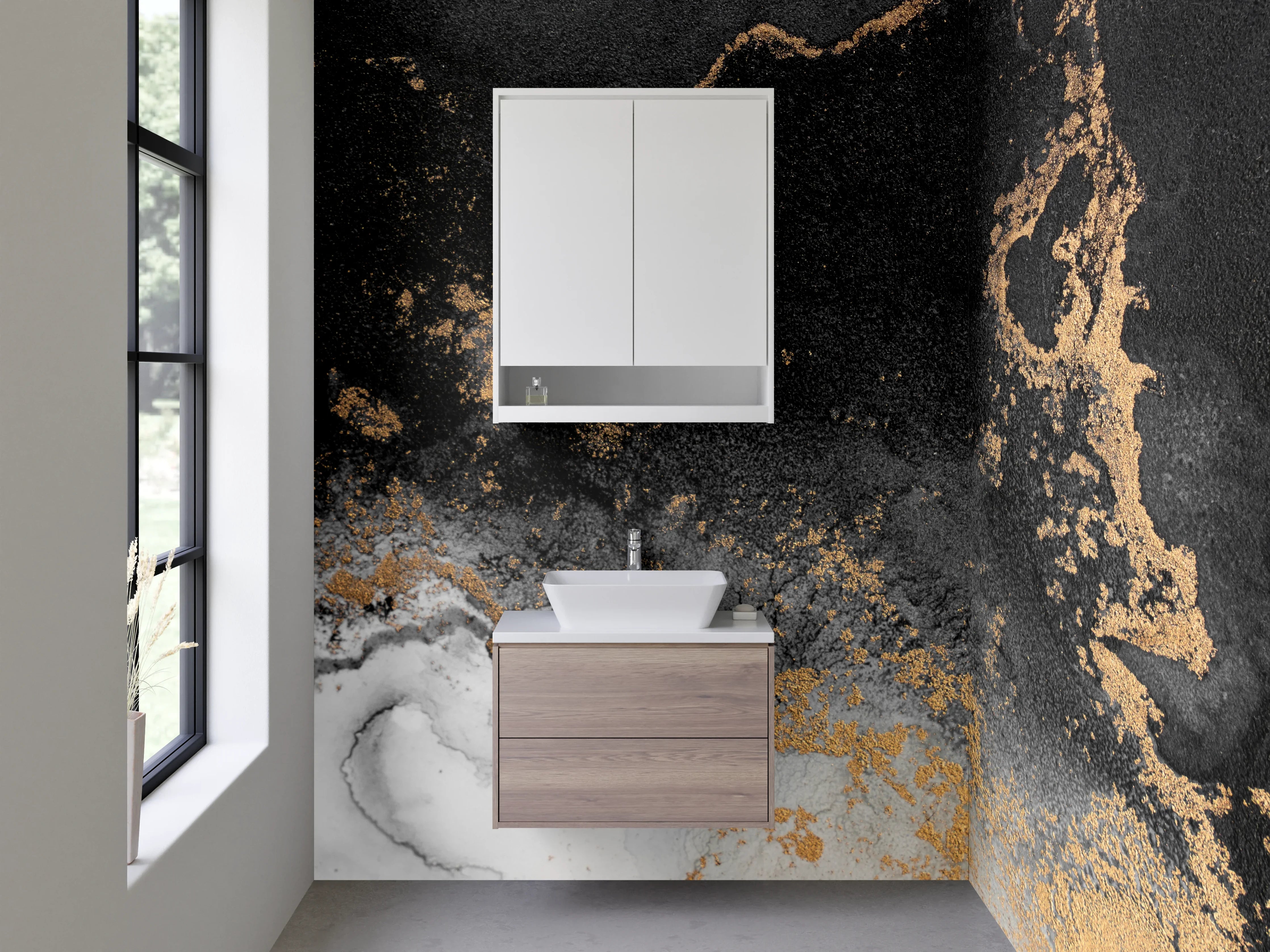 Waschbecken-Rückwand - Abstrakte Schwarz-Gold Marmoroptik