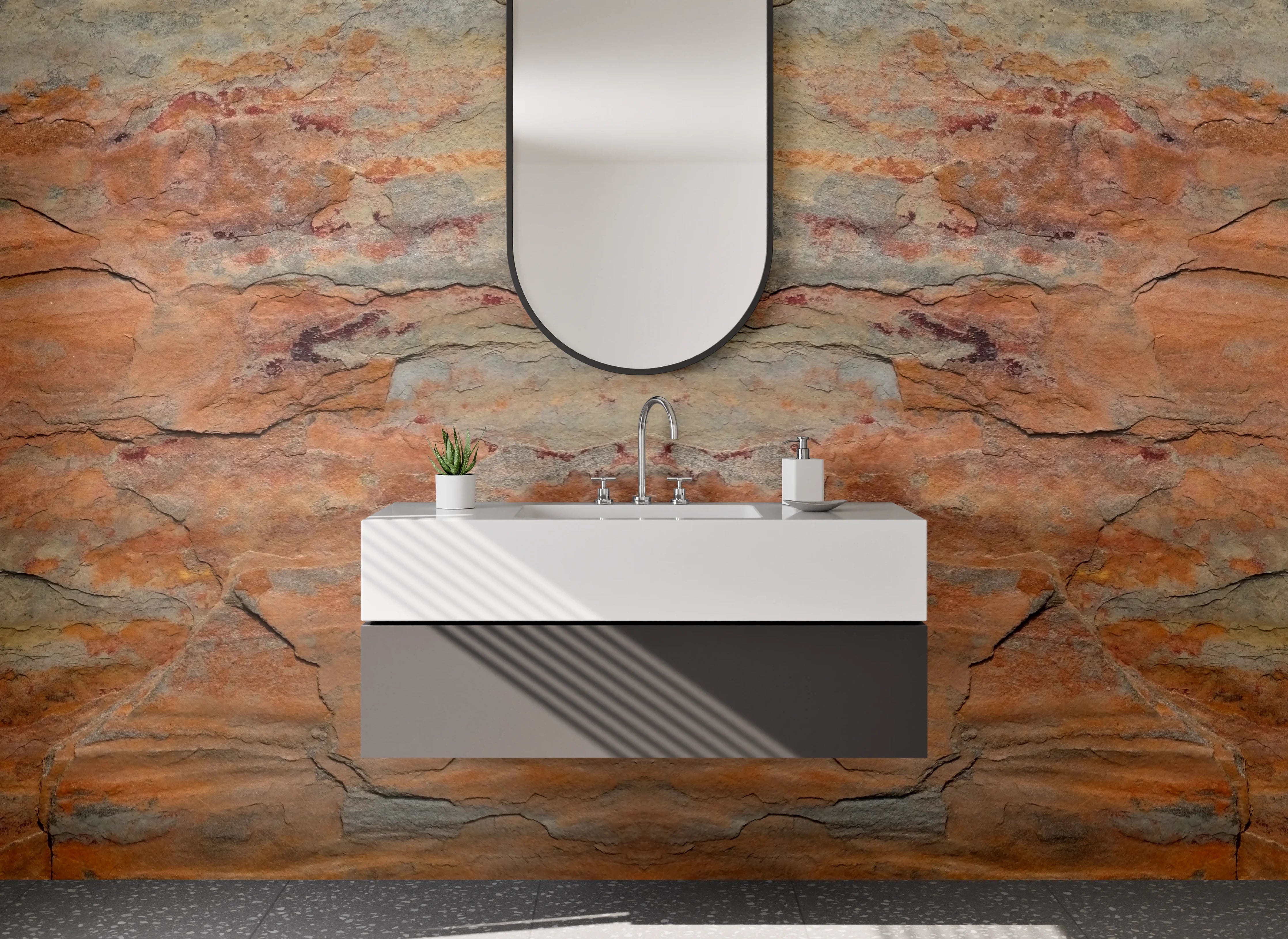 Waschbecken-Rückwand - Abstrakte Steinoptik Orange Braun Grau