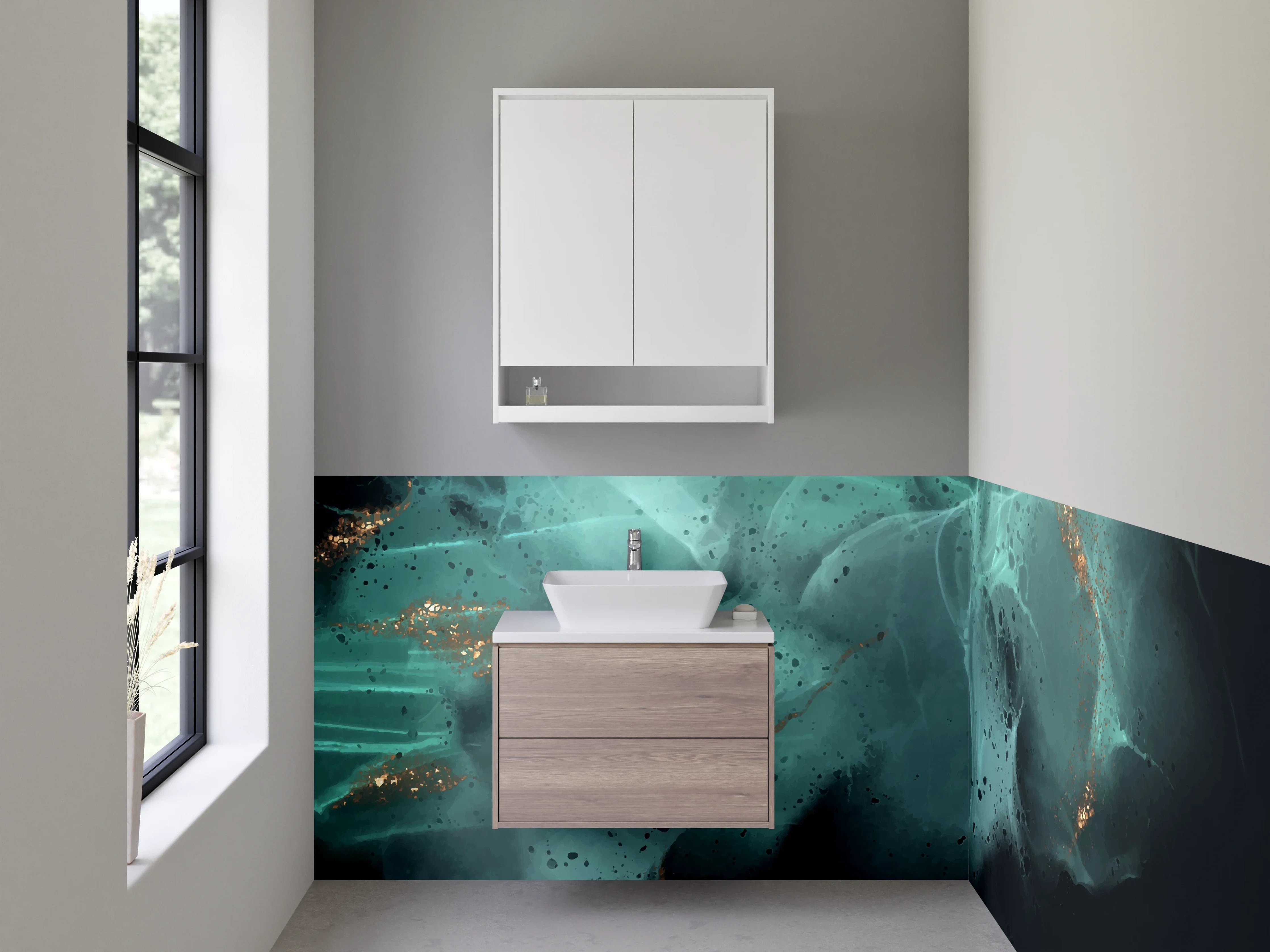 Waschbecken-Rückwand - Abstrakte Türkis-Gold Aquarellstruktur