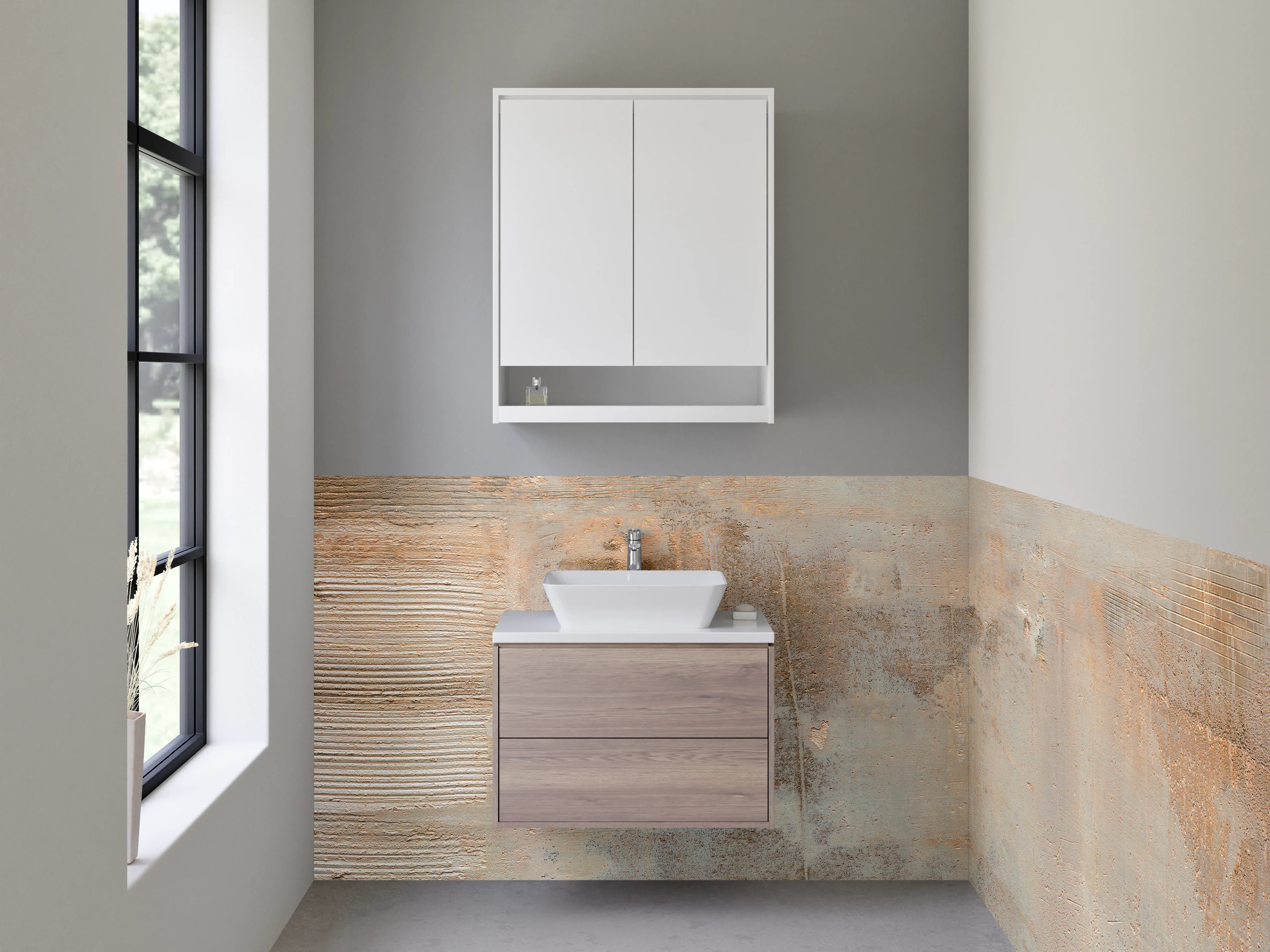 Waschbecken-Rückwand - Abstrakte Wandgestaltung mit Beige- und Grautönen