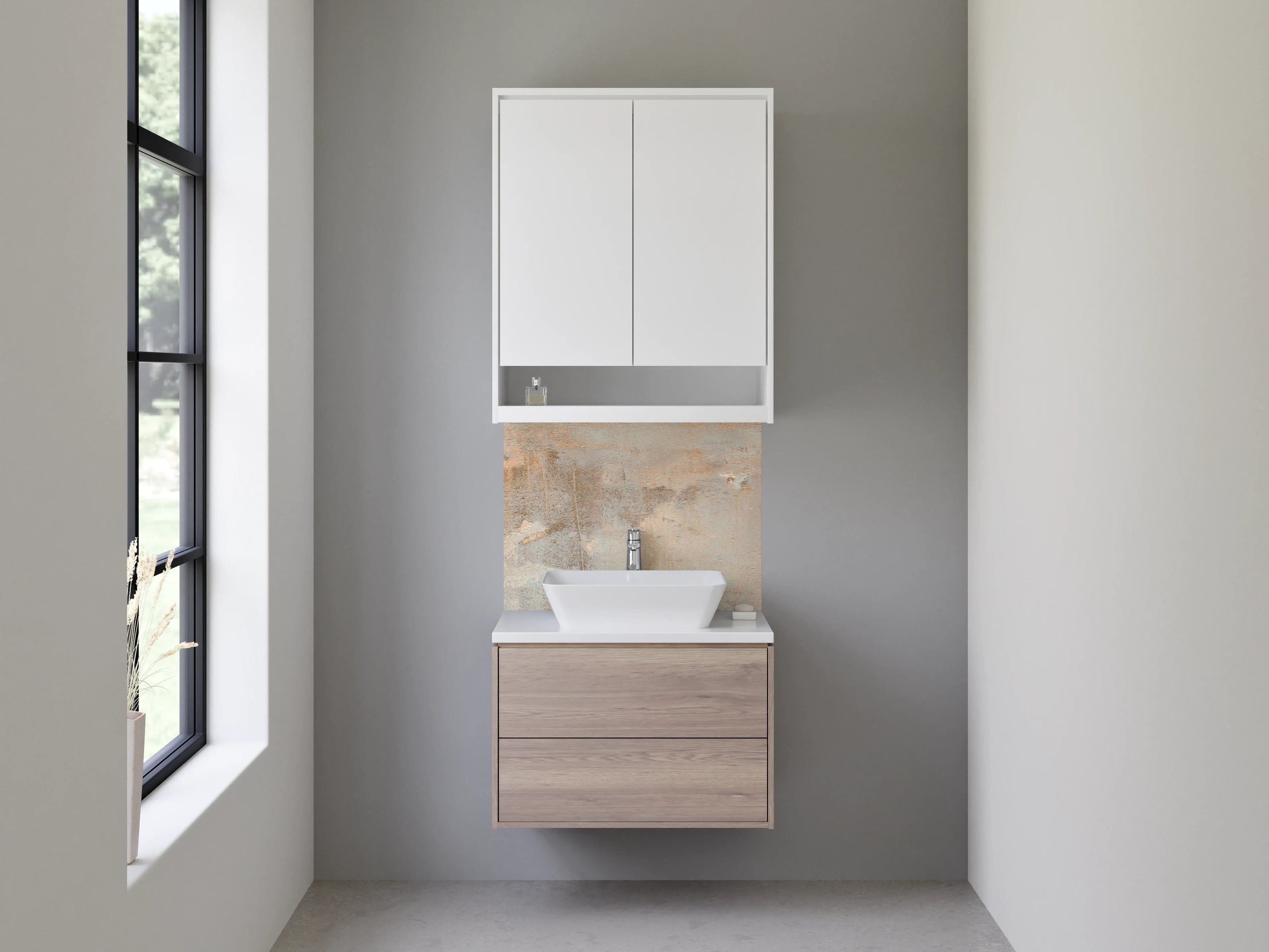 Waschbecken-Rückwand - Abstrakte Wandgestaltung mit Beige- und Grautönen