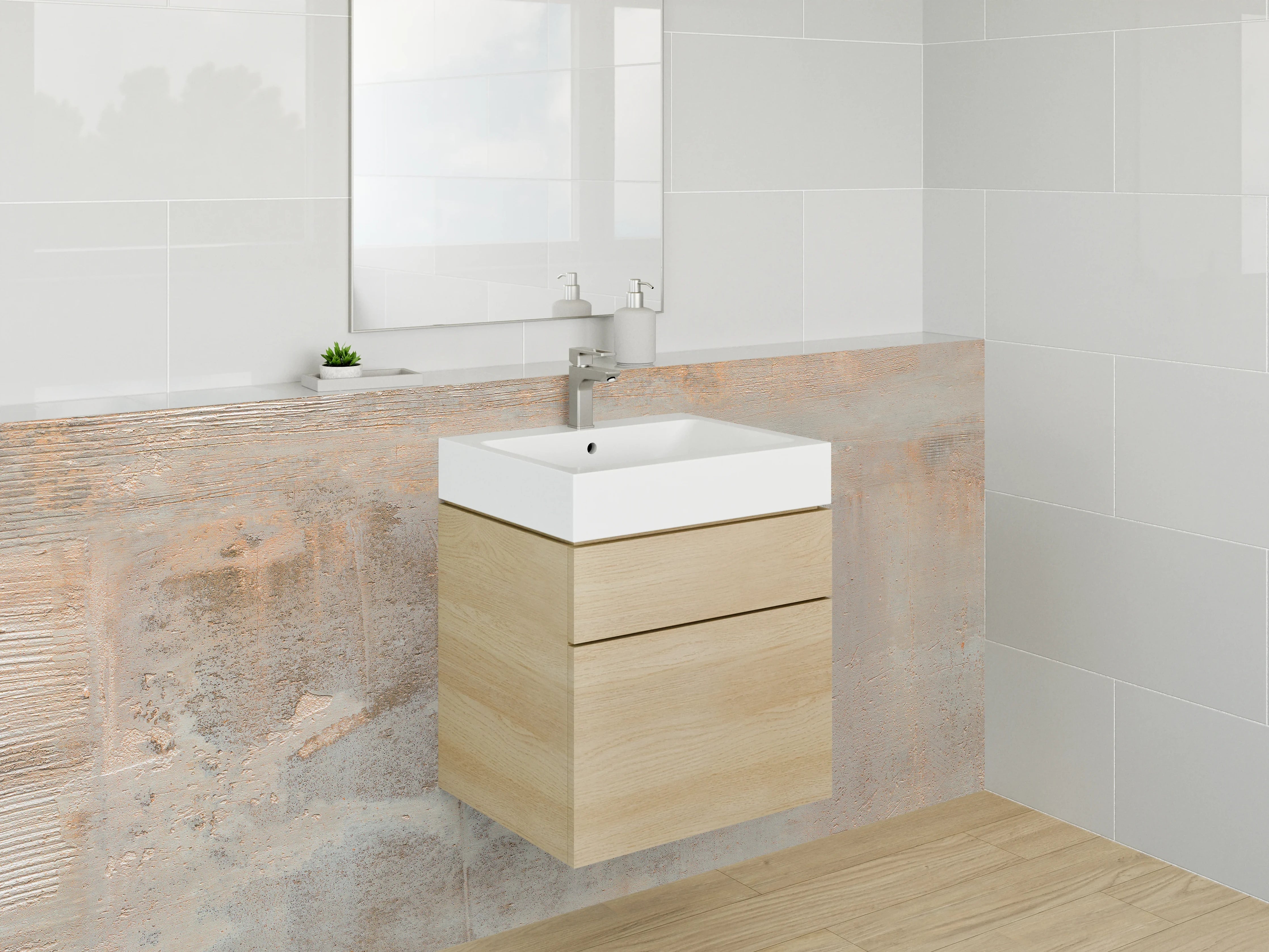 Waschbecken-Rückwand - Abstrakte Wandgestaltung mit Beige- und Grautönen
