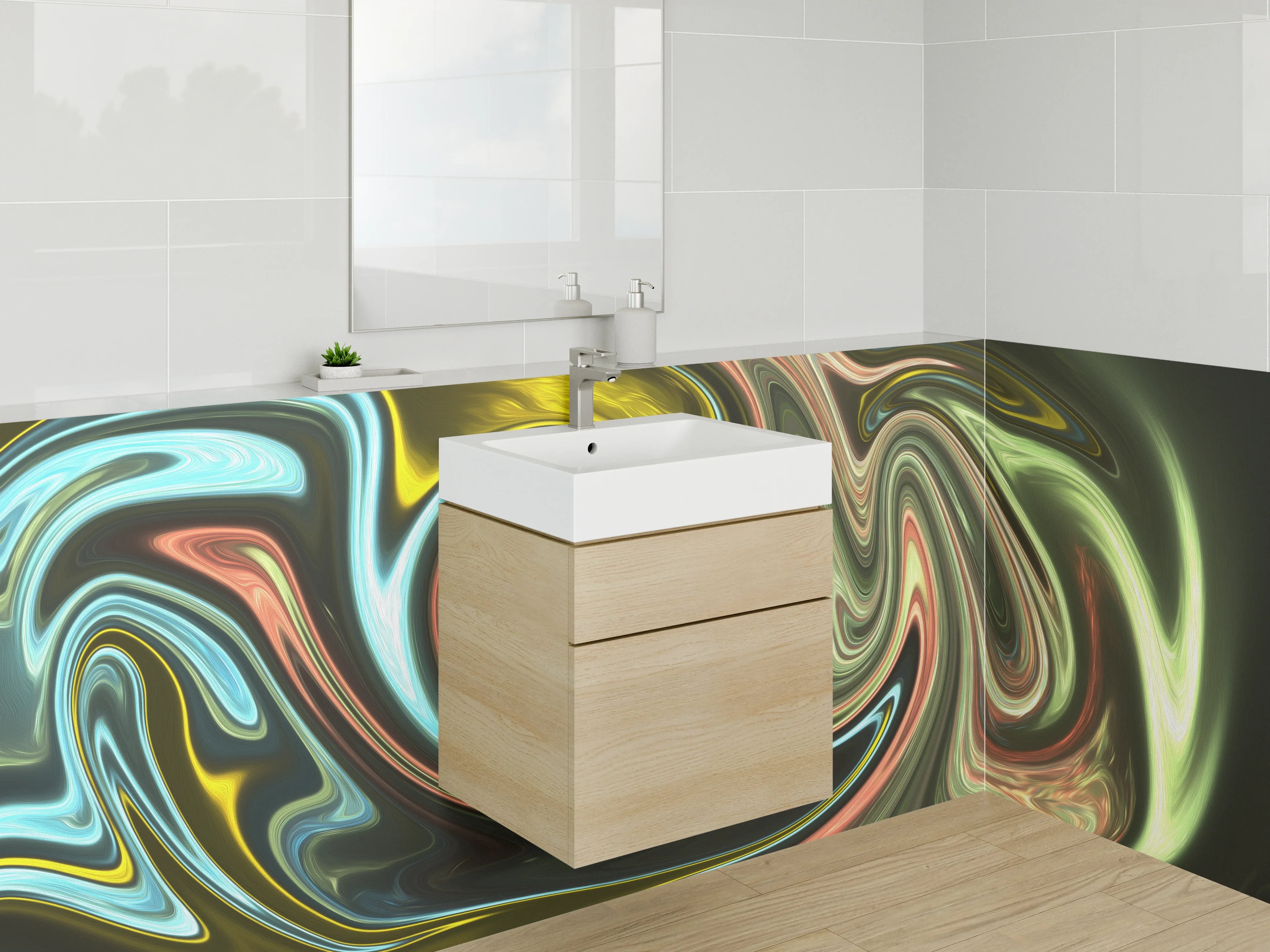 Waschbecken-Rückwand - Abstrakte Wellen Farbmix Kunst Design
