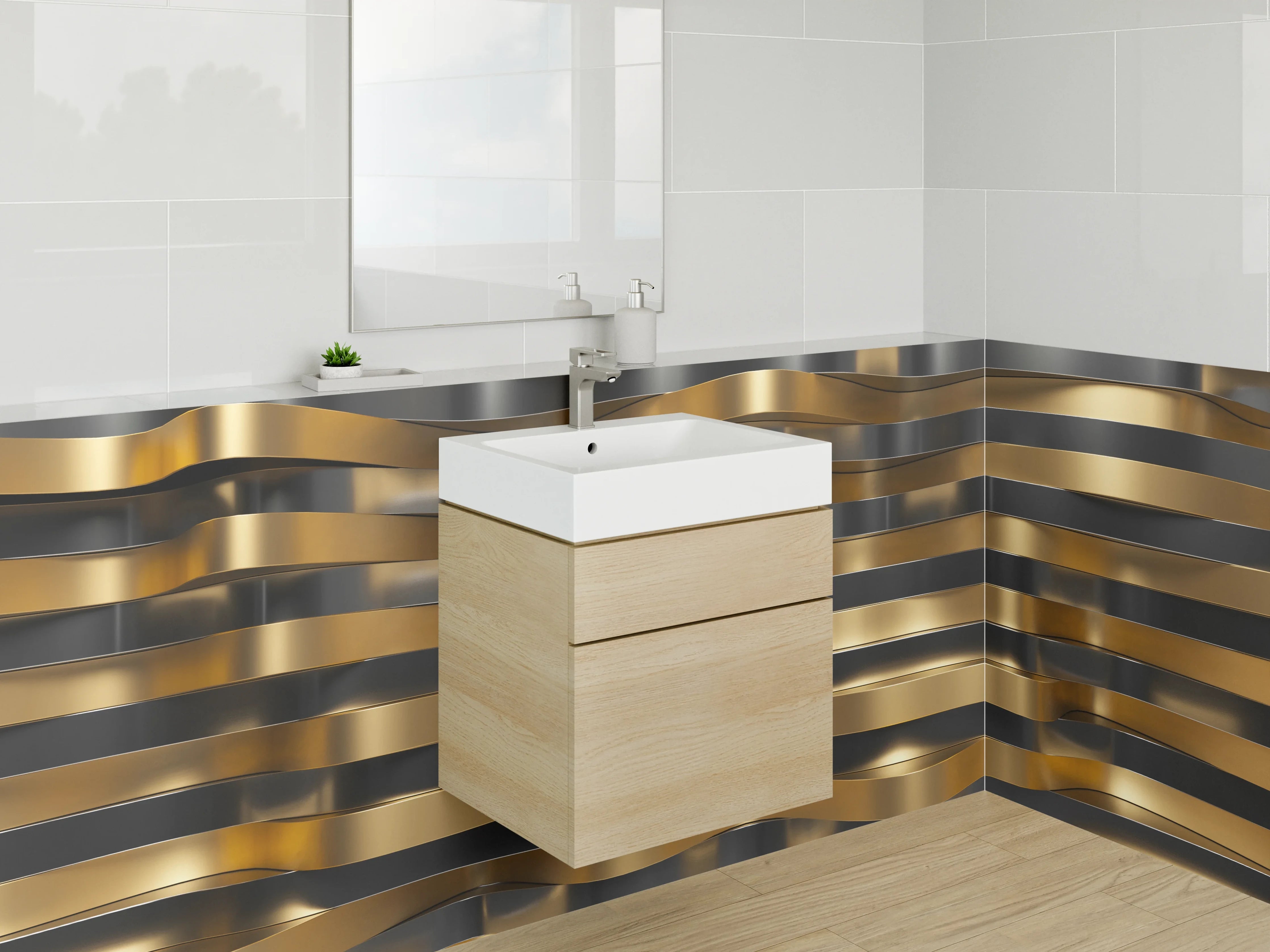 Waschbecken-Rückwand - Abstrakte Wellen aus Gold und Silber