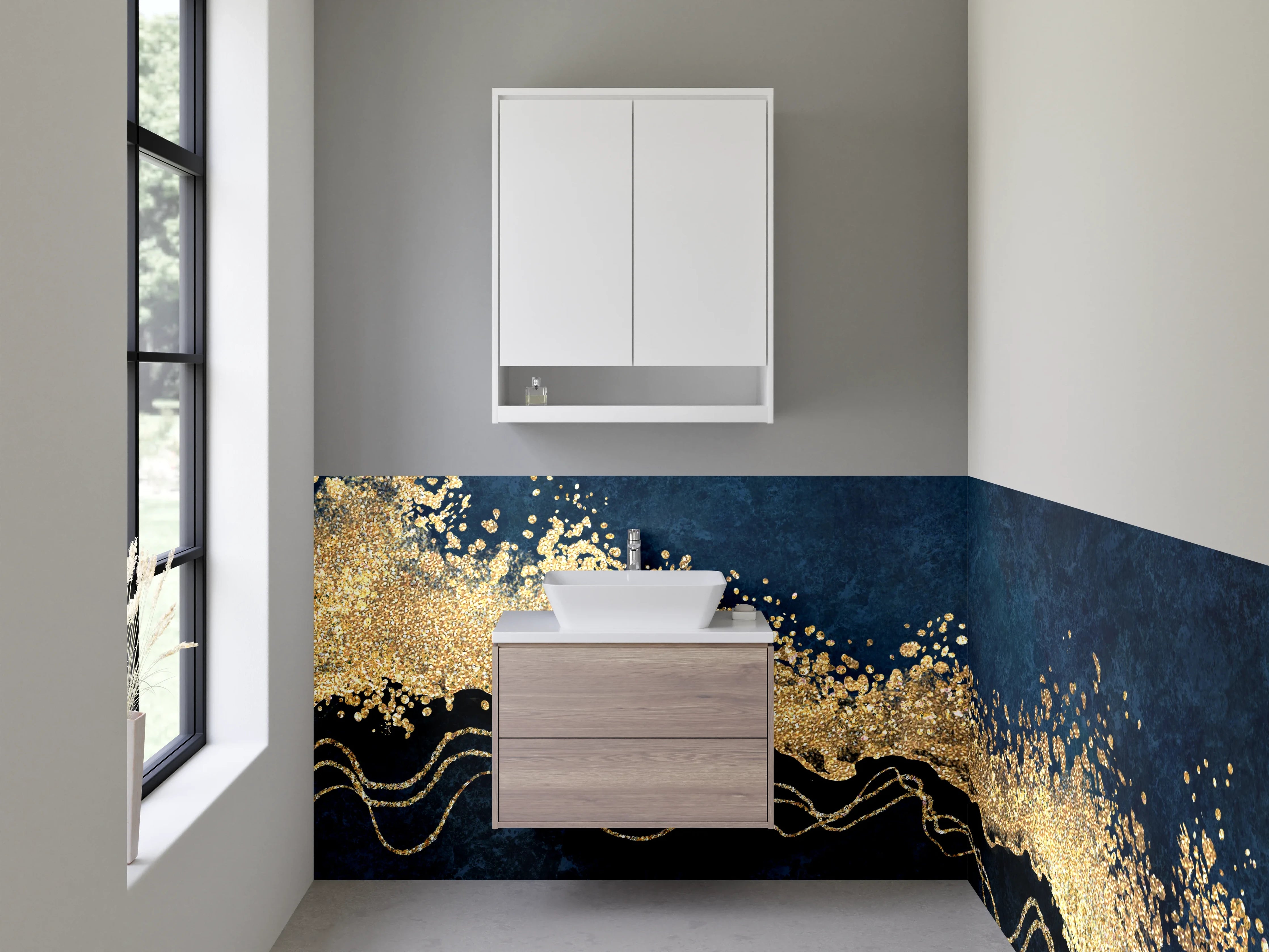 Waschbecken-Rückwand - Abstrakte Wellen in Blau und Gold